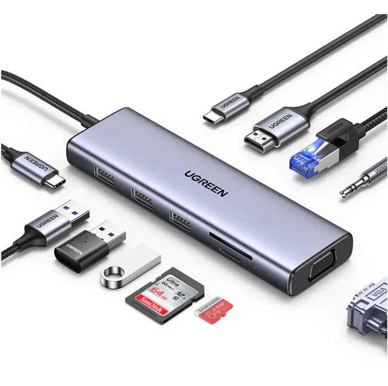 Ugreen CM498 15601 10in1 USB-C To 3USB 3.0 A+HDMI+VGA+RJ45 Gigabit+SD/TF+AUX3.5m