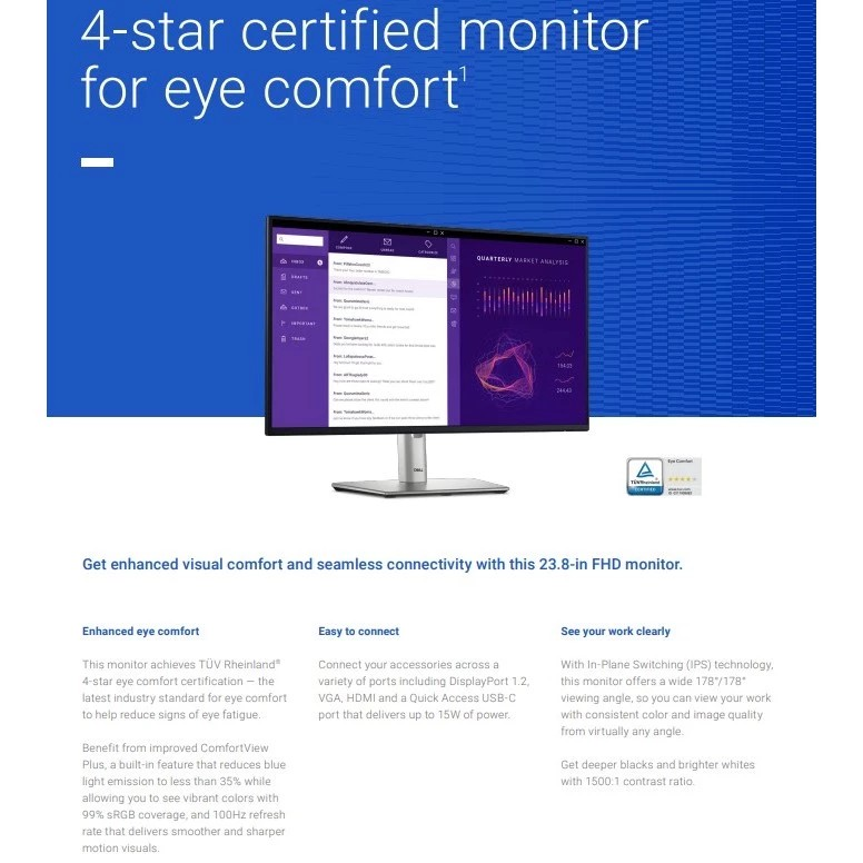 Dell P2425H Computer Monitor Screen 24" 16:9 IPS Display 100Hz Full HD With Stand