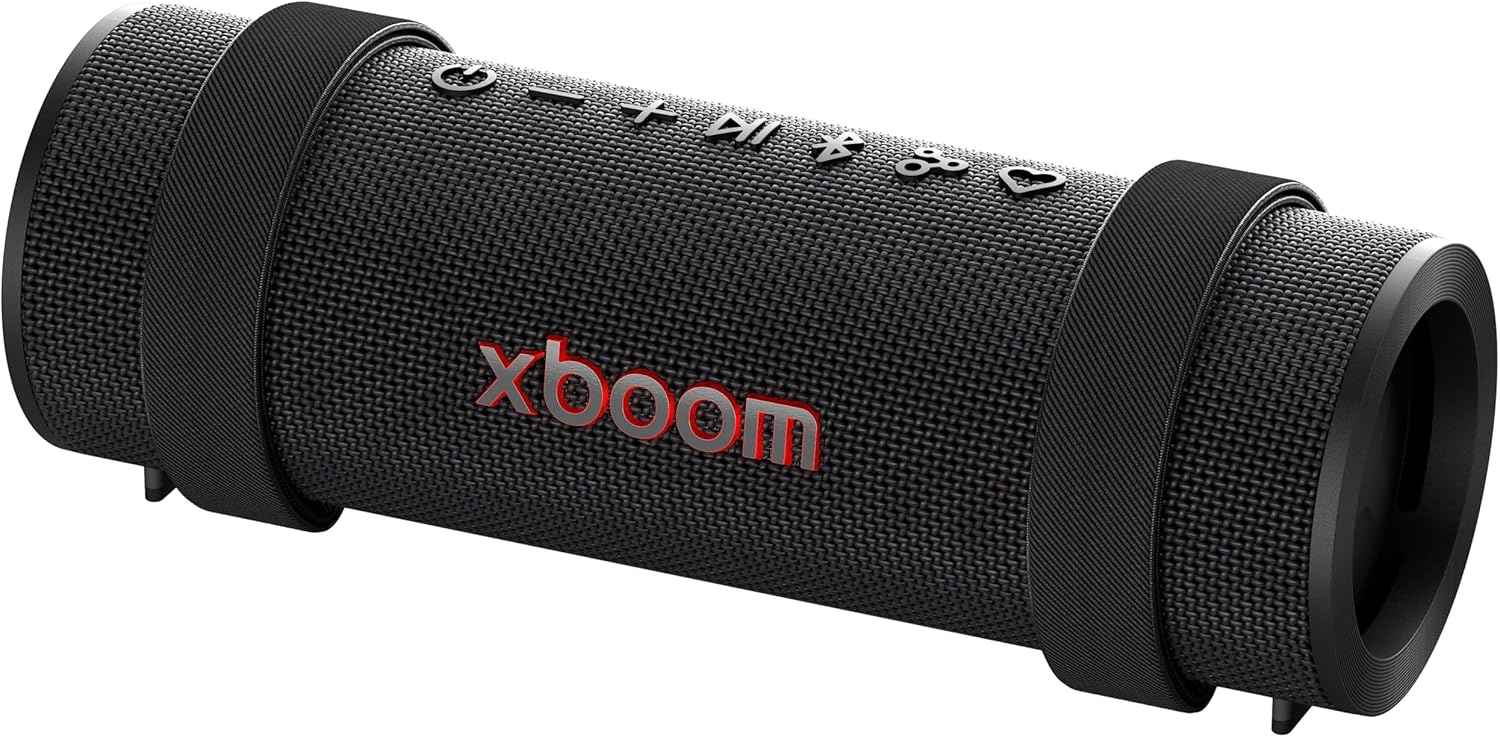 LG xboom Grab Core by will.i.am: portable outdoor Bluetooth speaker, 19‑hr playtime, IP67, straps.