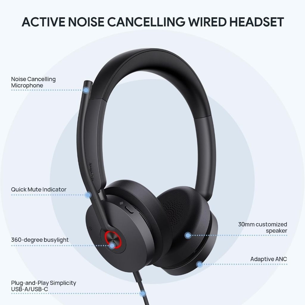 Yealink UH48 Dual MS UC USB-C/A USB Stereo Wired Headset Hybrid ANC, HD Audio, Dynamic EQ