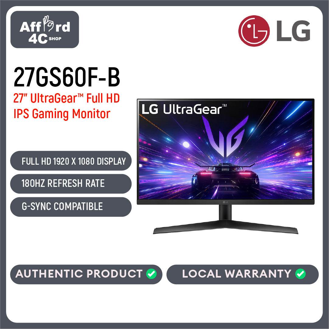 LG 27GS60F-B UltraGear 27" Gaming Monitor for PC Gaming, Home Gaming, Full HD (1920 x 1080), Anti-Glare, 180Hz, IPS 1ms (GTG), FreeSync™ Technology, G-Sync Compatible, HDR10, DisplayPort, HDMI, Tilt