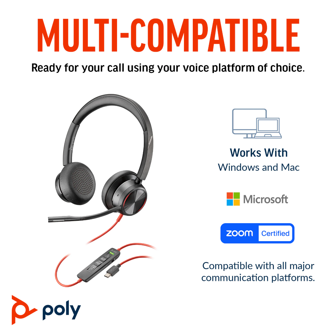 Poly Blackwire 8225 Stereo Microsoft Teams Certified USB-C Headset +USB-C/A Adapter