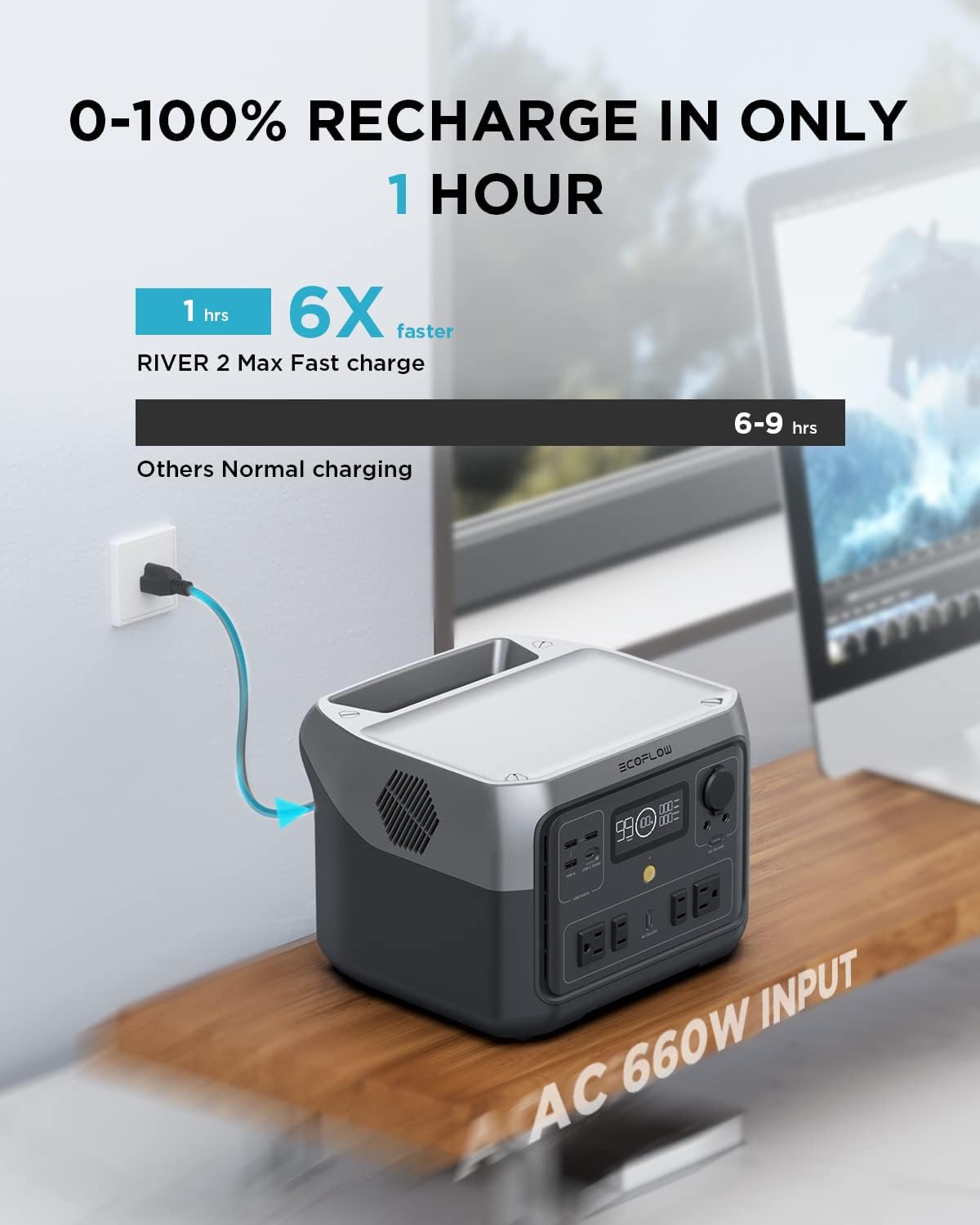 EF ECOFLOW Portable Power Station RIVER 2 Max, 512Wh LiFePO4 Battery/ 1 Hour Fast Charging, Up To 1000W Output Solar Generator (Solar Panel Optional) for Outdoor Camping/RVs/Home Use