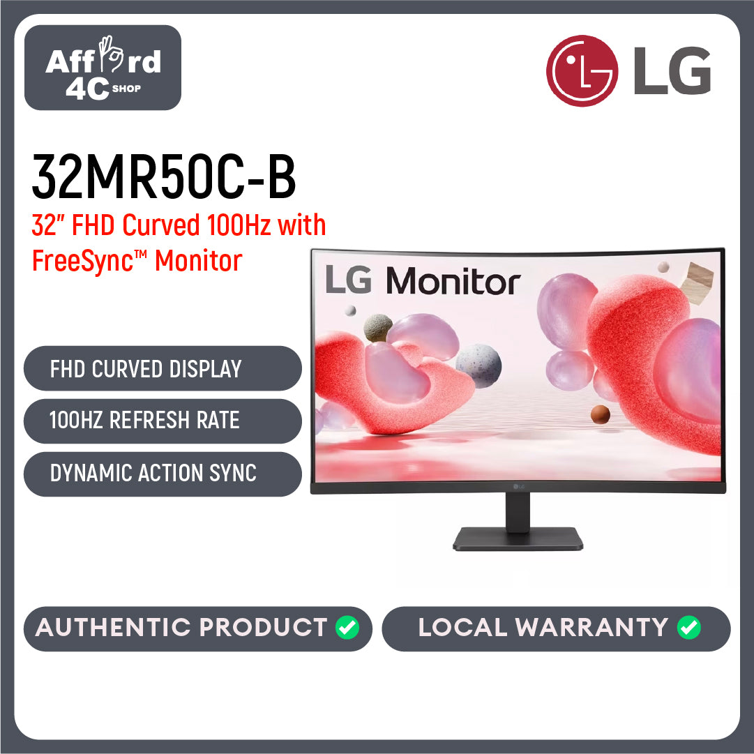 LG 32MR50C-B 32" FHD Curved Monitor 100Hz, AMD FreeSync, OnScreen Control, Dynamic Action Sync, Black Stabilizer, Tilt Stand (HDMI)