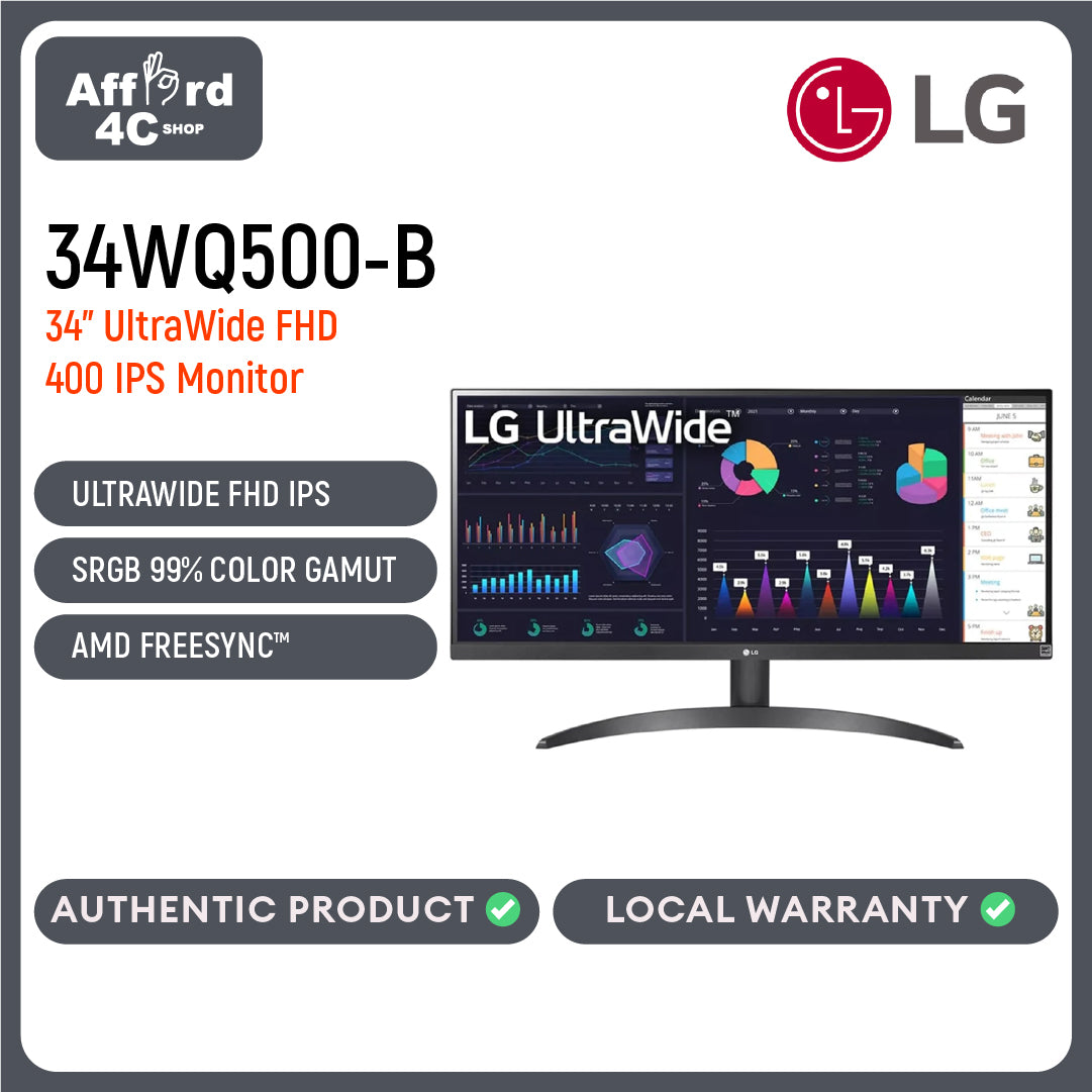 LG 34WQ500-B 34” UltraWide FHD VESA DisplayHDR™ 400 IPS Monitor with AMD FreeSync™