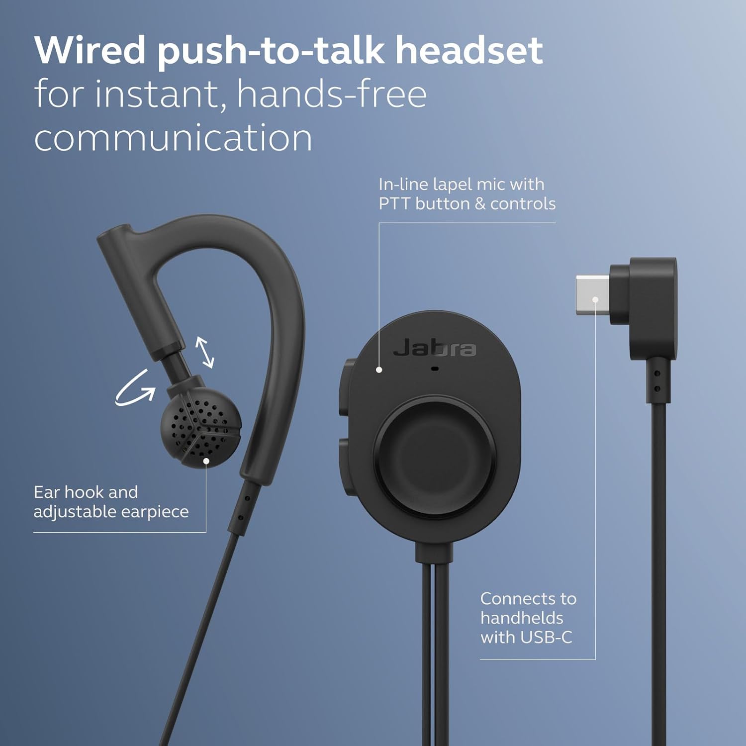 Jabra Perform 10 Wired PTT Earpiece with in-Line Clip-On Noise-Cancelling Microphone, Android Devices Only, Works with Walkie Talkie app in Microsoft Teams, Zello and Zebra, USB-C Connectivity
