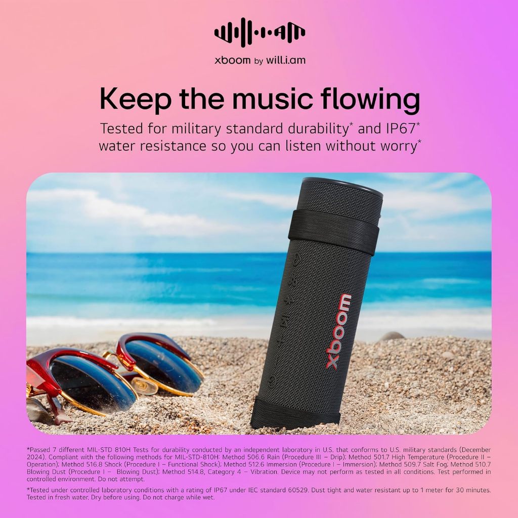 LG xboom Grab Core by will.i.am: portable outdoor Bluetooth speaker, 19‑hr playtime, IP67, straps.