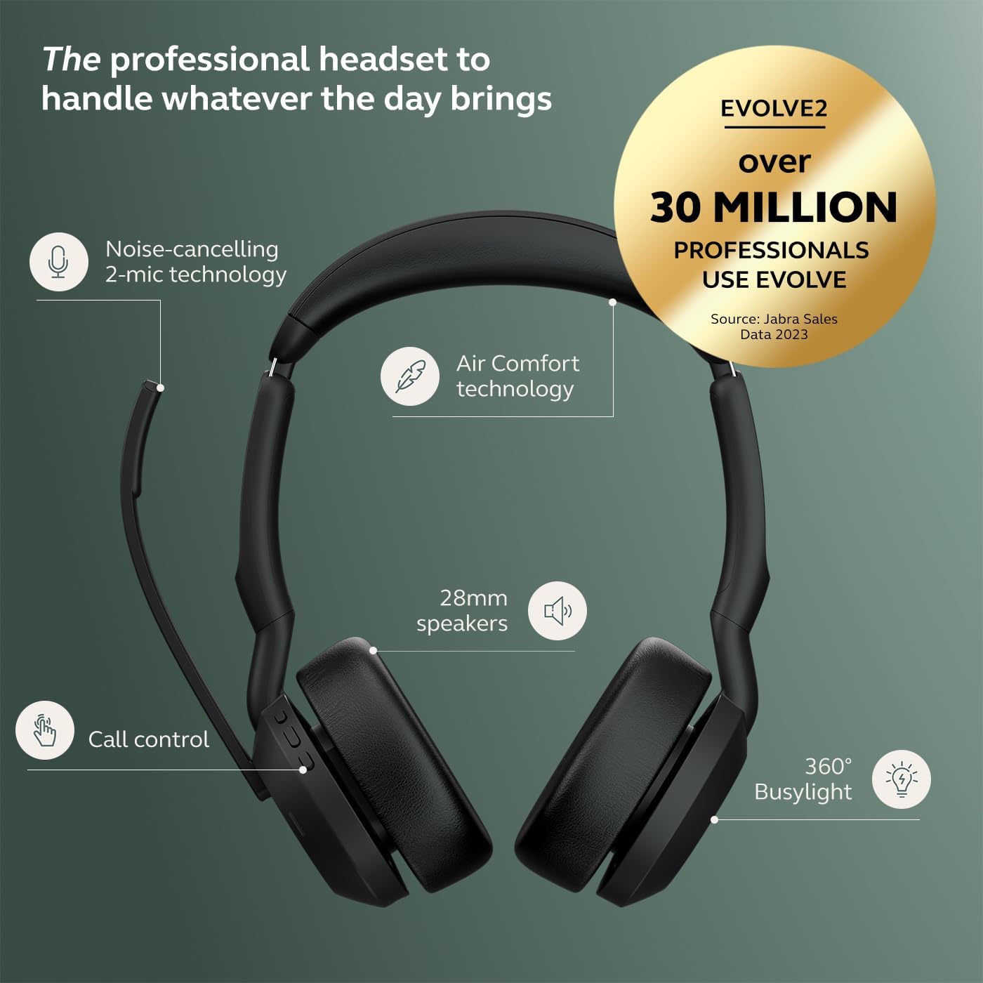 Jabra Evolve2 55 Stereo Wireless Headset Link 380 USB-A with Charging Stand AirComfort Technology, Noise-Cancelling Mics & Active Noise Cancellation
