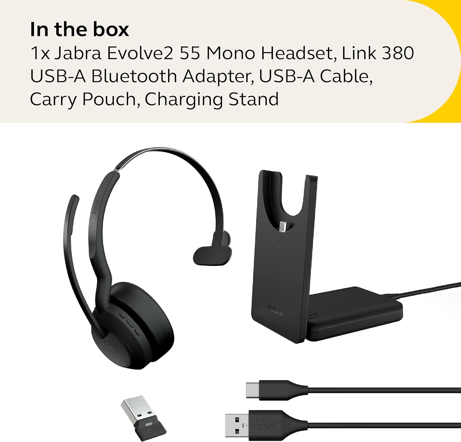 Jabra Evolve2 55 Mono Wireless Headset Link 380 USB-A with Charging Stand AirComfort Technology, Noise-Cancelling Mics & Active Noise Cancellation