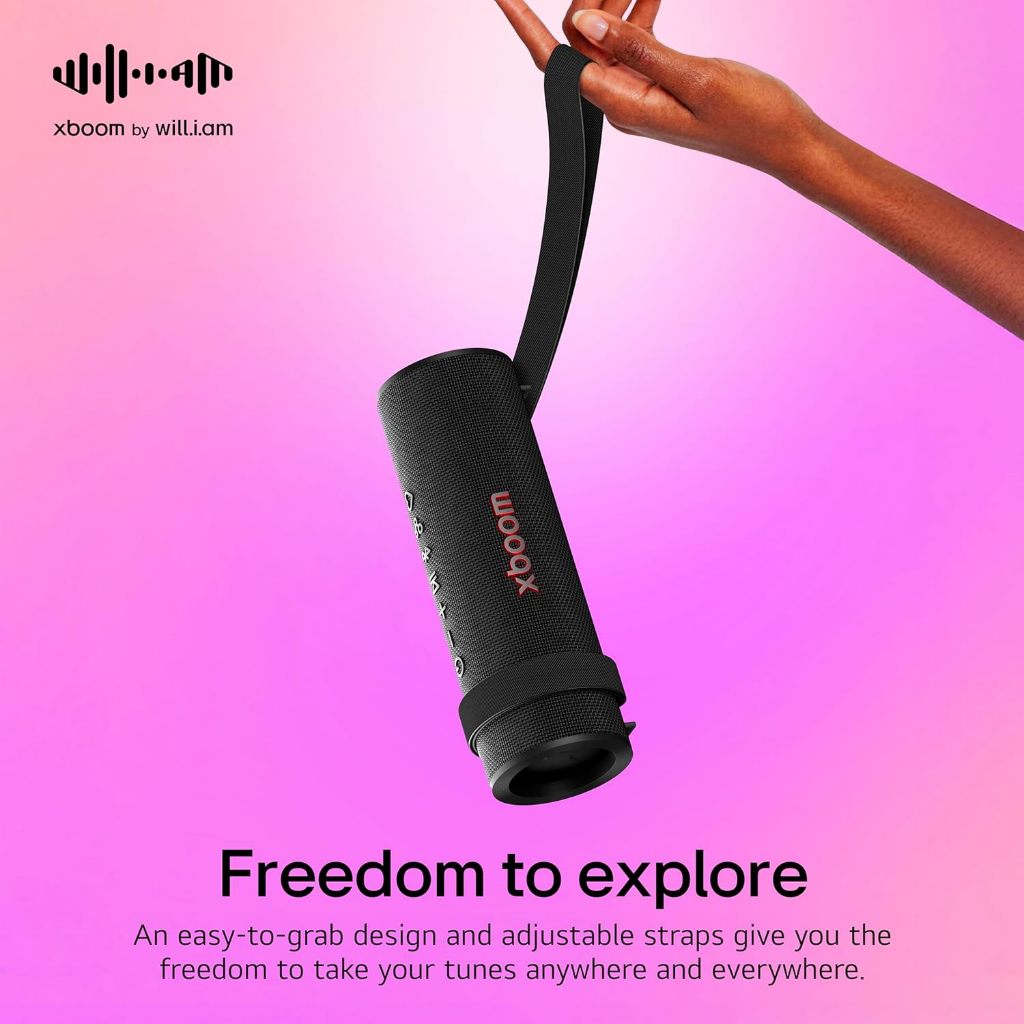 LG xboom Grab Core by will.i.am: portable outdoor Bluetooth speaker, 19‑hr playtime, IP67, straps.