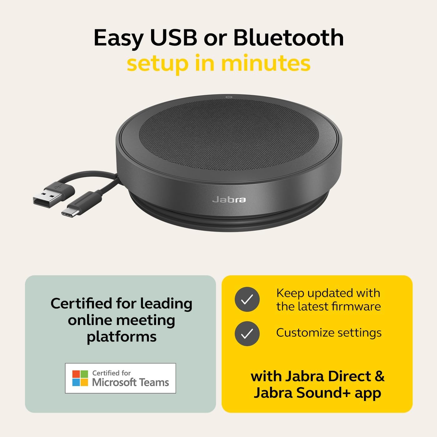 Jabra Speak2 75 Wireless Bluetooth Speakerphone - Portable Speaker with 4 Noise-Cancelling Mics, 65mm Full-Range Speakers & Super-Wideband Audio - Certified Microsoft Teams Speaker