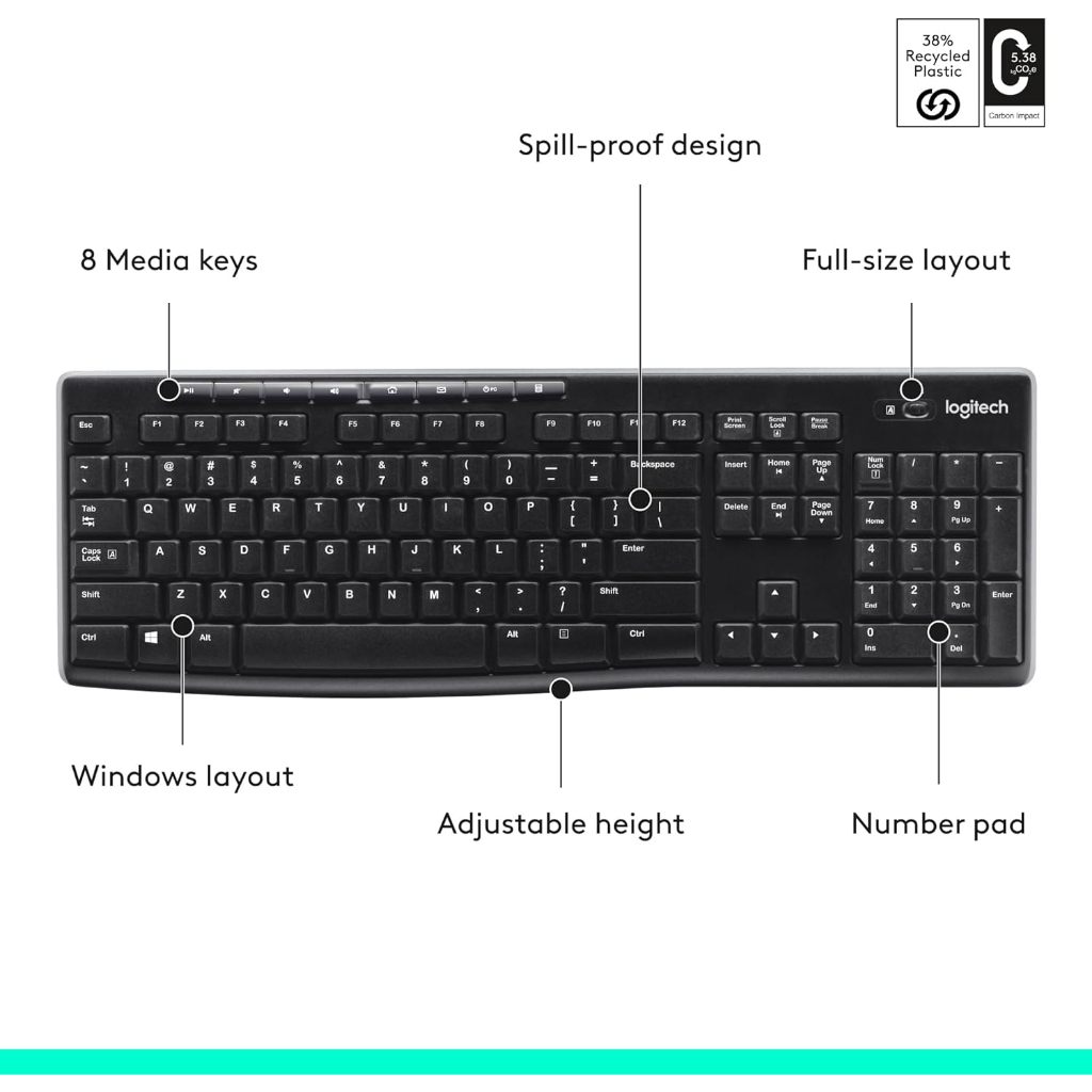 Logitech K270 Wireless Keyboard 2.4GHz USB Receiver Full Size Keyboard for PC Laptop
