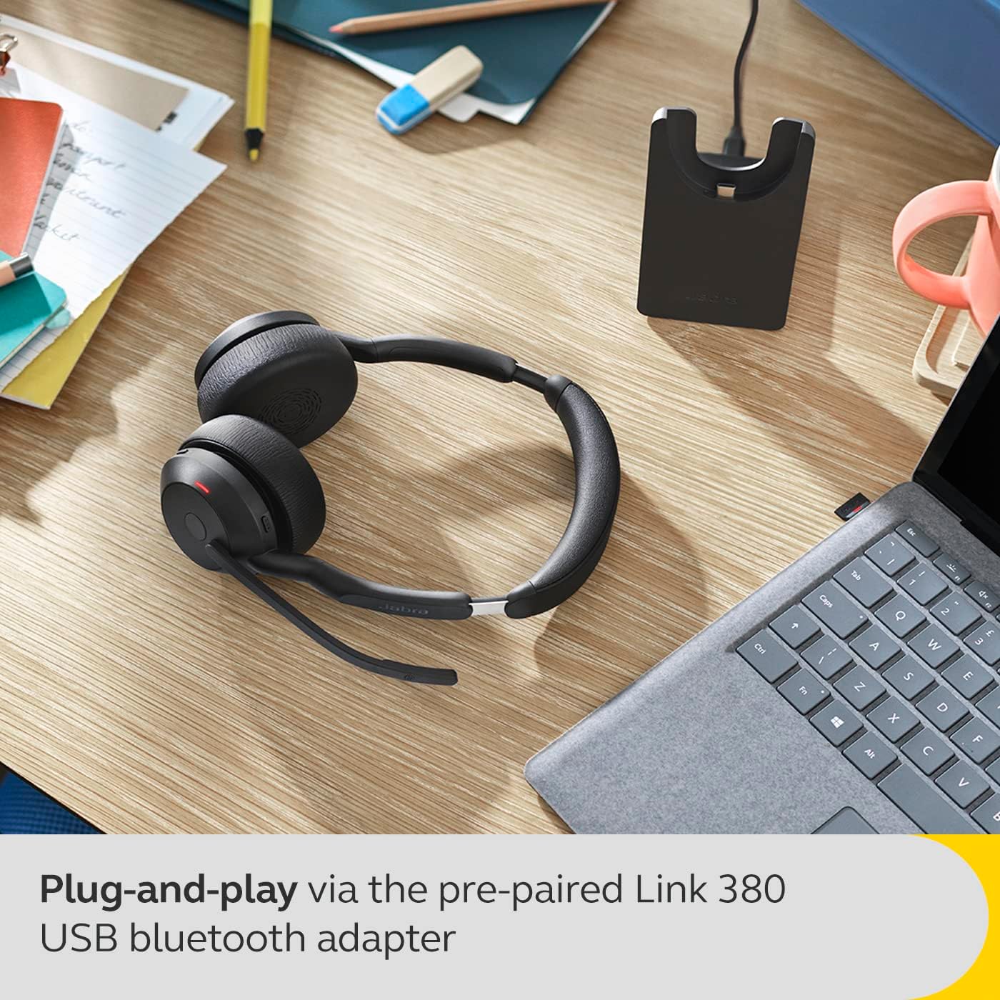 Jabra Evolve2 55 Stereo Wireless Headset Link 380 USB-C with Charging Stand AirComfort Technology, Noise-Cancelling Mics & Active Noise Cancellation