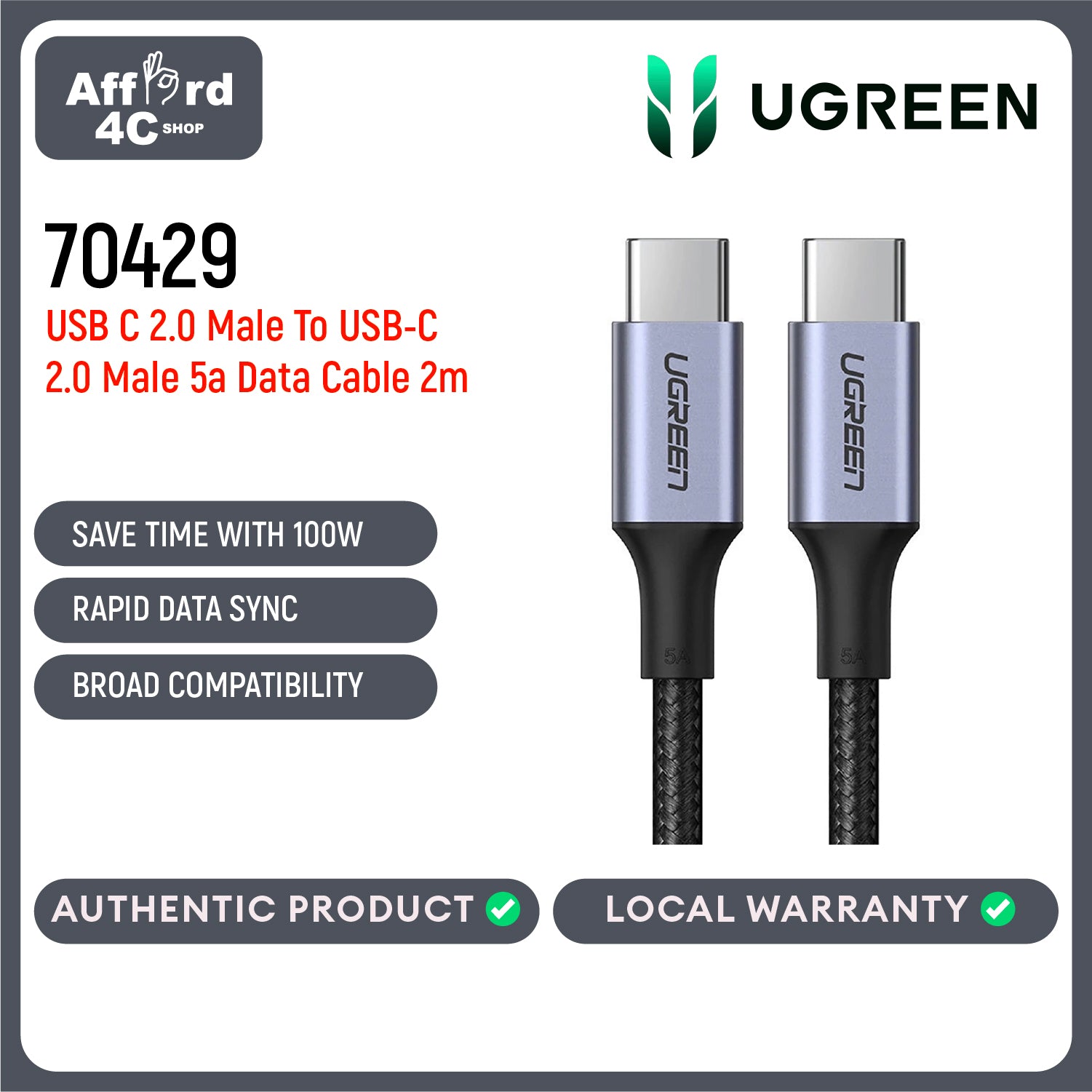 Ugreen USB C to USB C Cable 100W Type C Charger Cable Fast Charging 2 Meter
