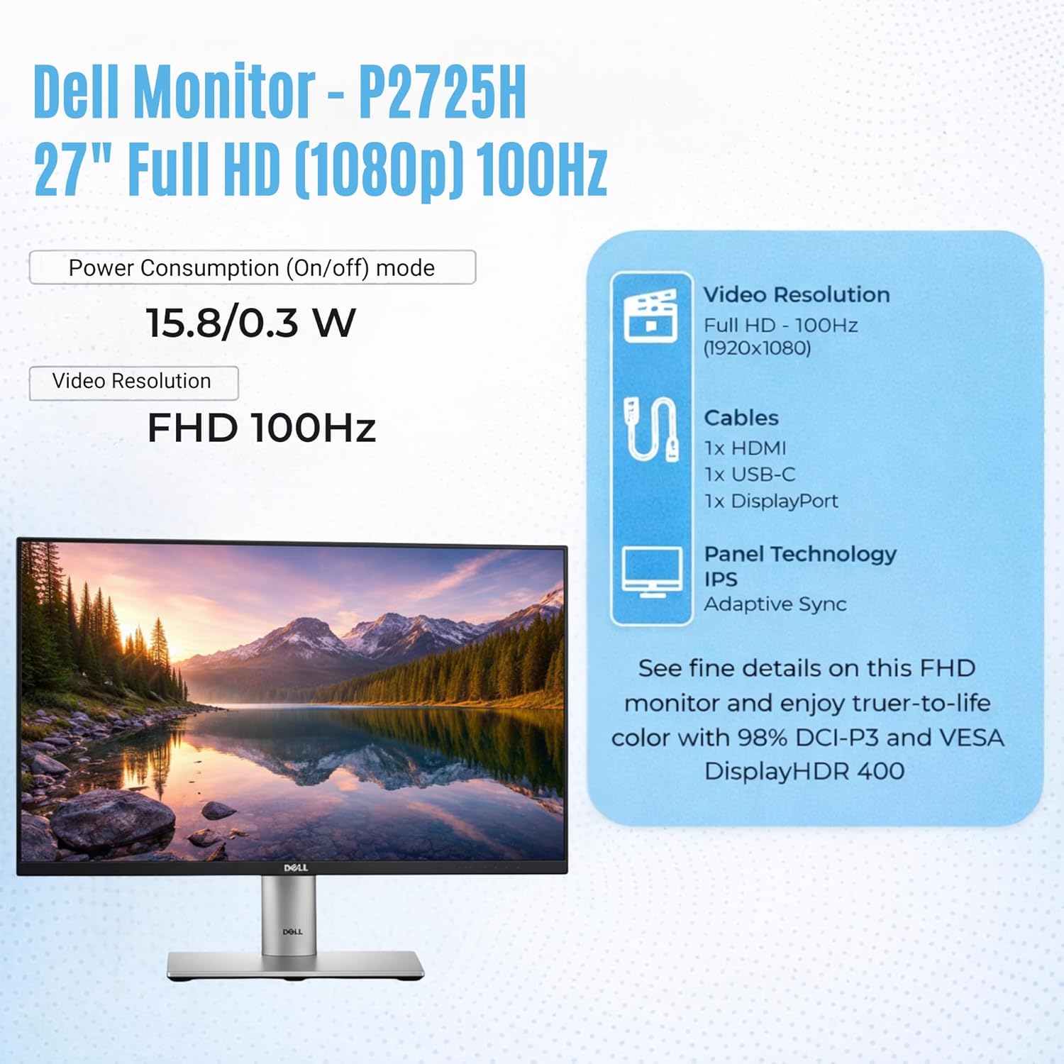 Dell P2725H Computer Monitor Screen 27" FHD IPS DisplayPort HDMI 100Hz Refresh Rate