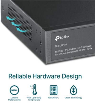 TP-Link TL-SL1218P 16-Port 10/100 Mbps + 2-Port Gigabit Rackmount Switch with 16-Port PoE+