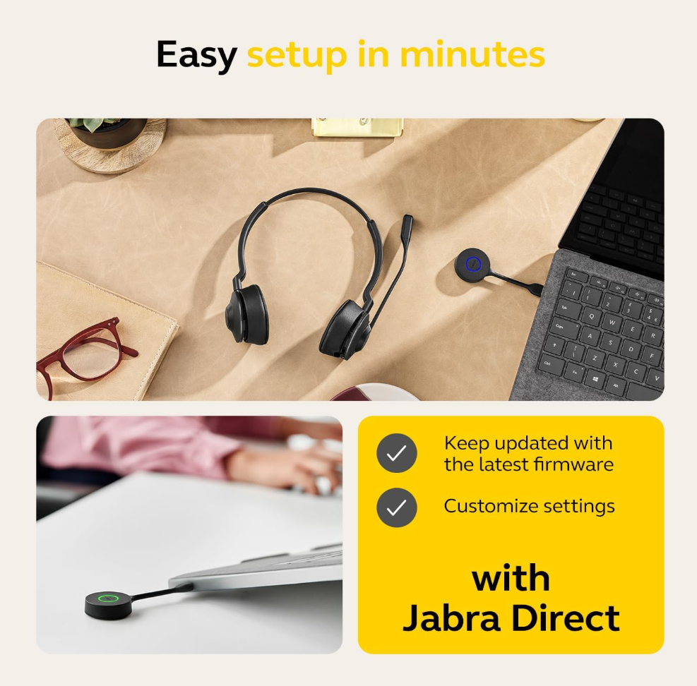 Jabra Engage 55 SE Stereo Wireless Headset with Link 400 Noise-Cancelling Microphone, Extensive Range, Hearing Protection – Certified for Google Meet & Zoom – Black