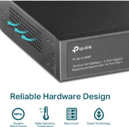 TP-Link TL-SL1218MP 16-Port 10/100 Mbps + 2-Port Gigabit Rackmount Switch with 16-Port PoE+