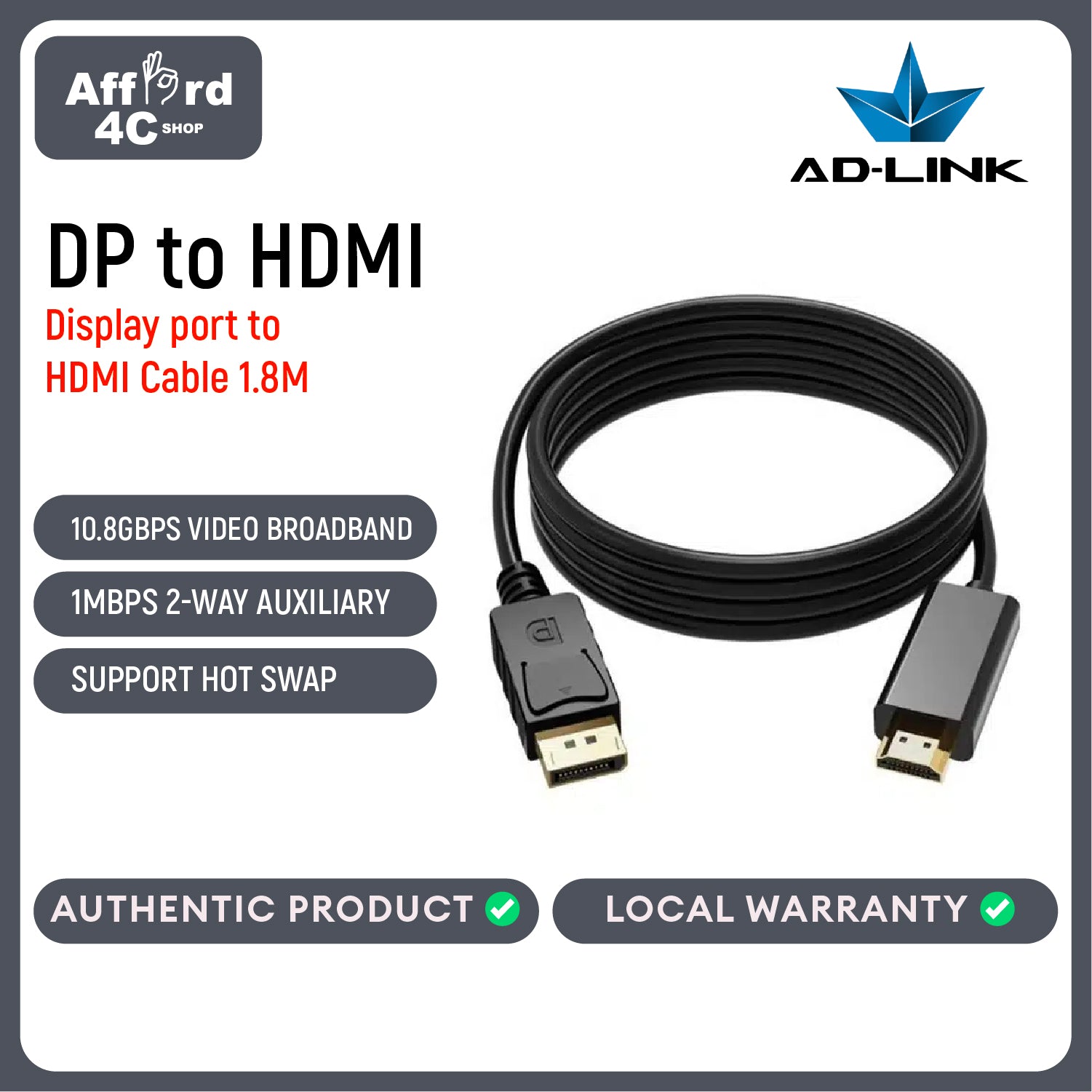 AD-Link DP to HDMI Cable 1.8