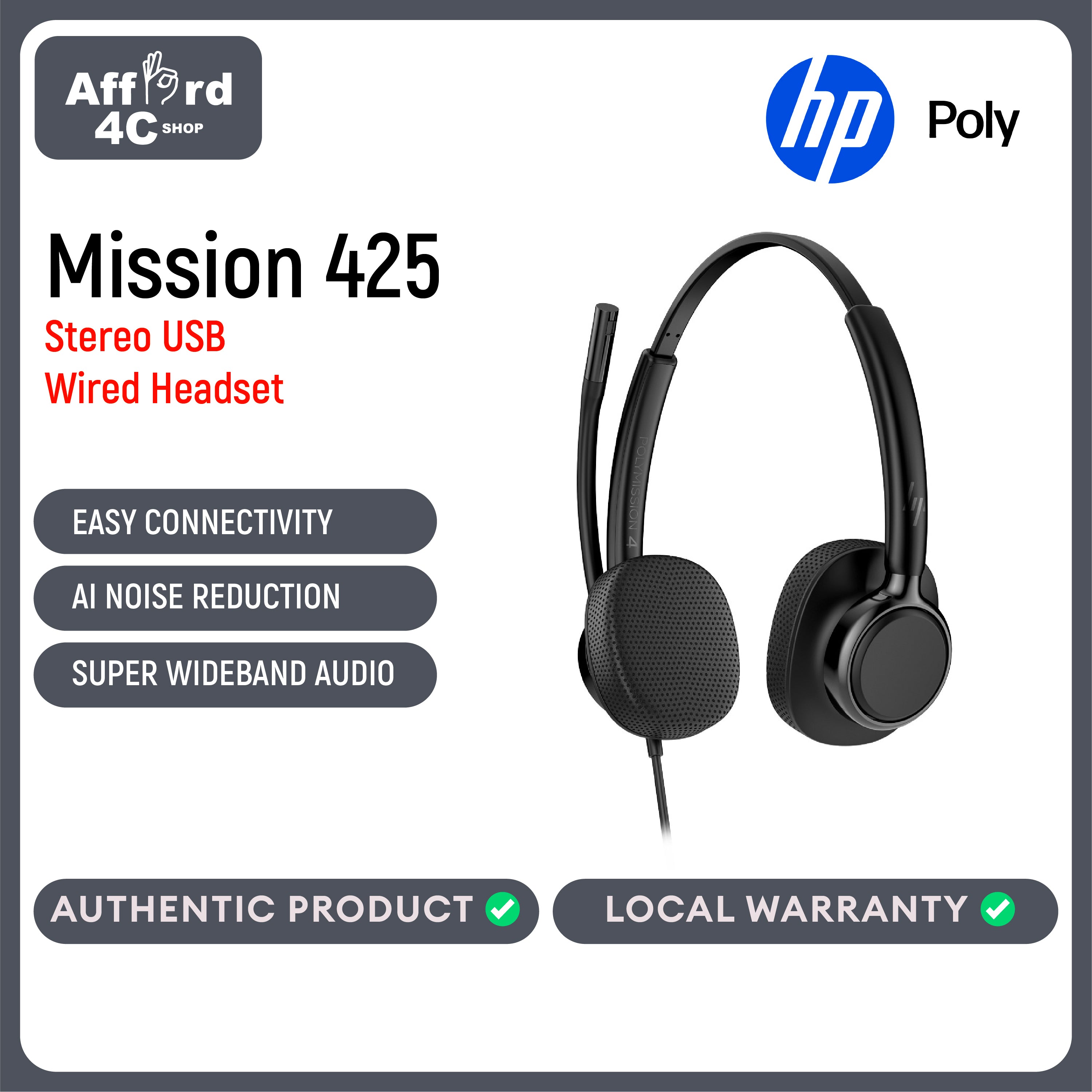 HP Poly Mission 425 Stereo USB Wired Headset