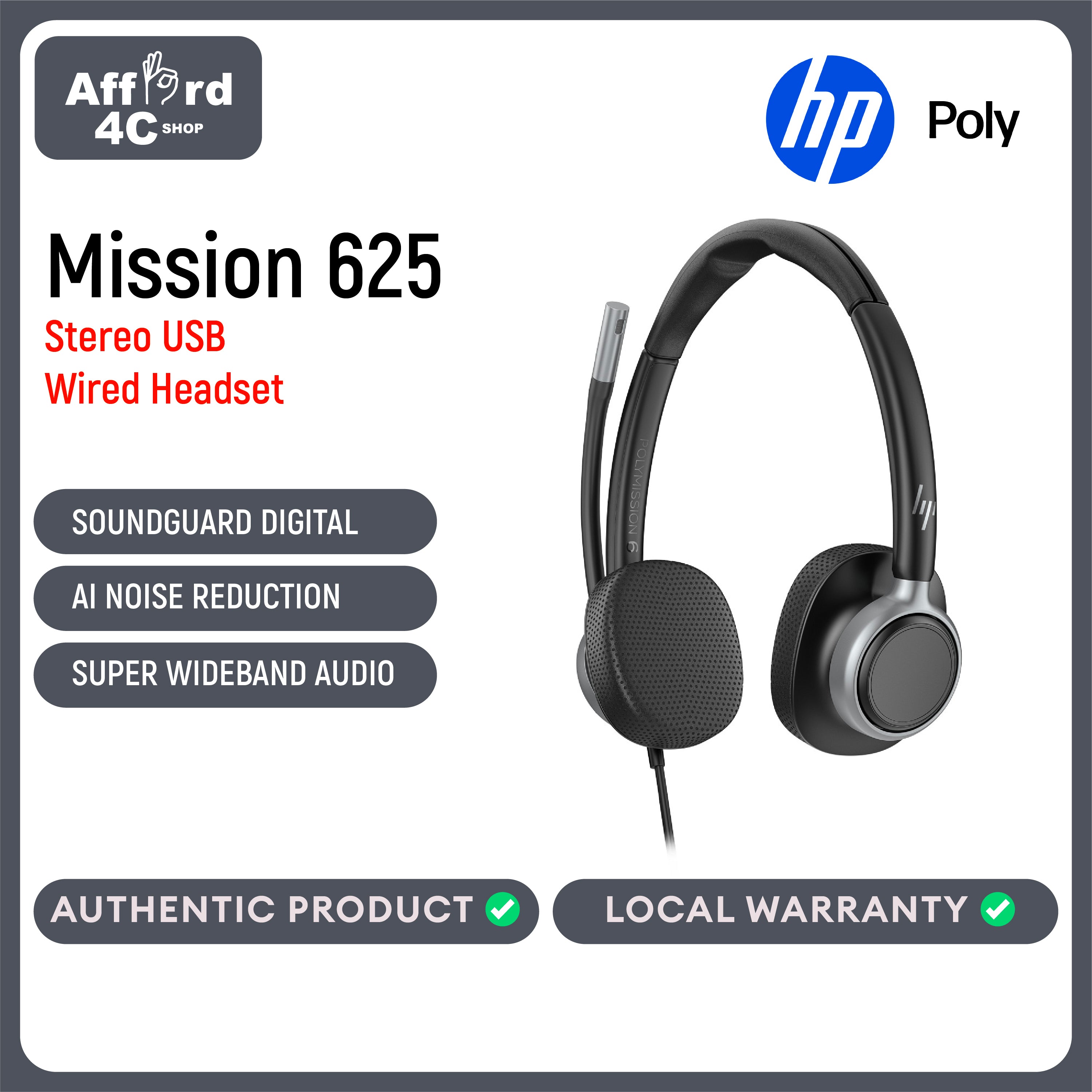 HP Poly Mission 625 Stereo USB Wired Headset