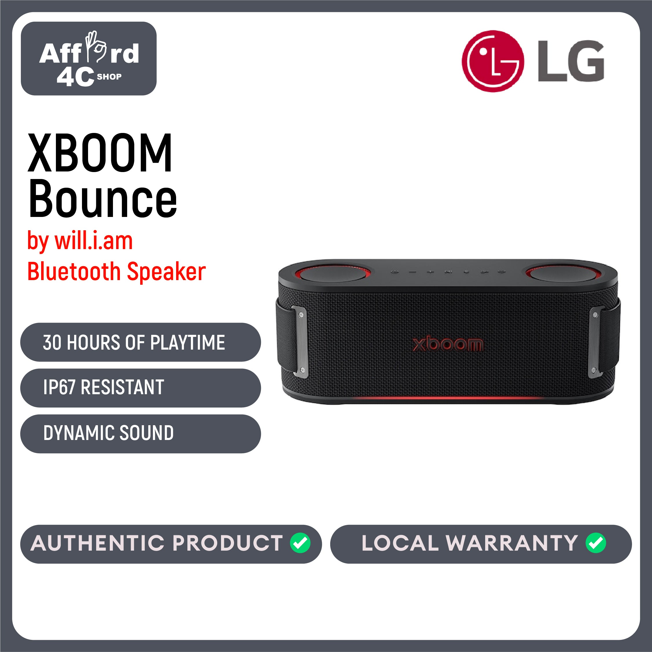 LG XBOOM Bounce By will.i.am: Portable Bluetooth Speaker | 30hr Playtime | IP67 Sports Focused