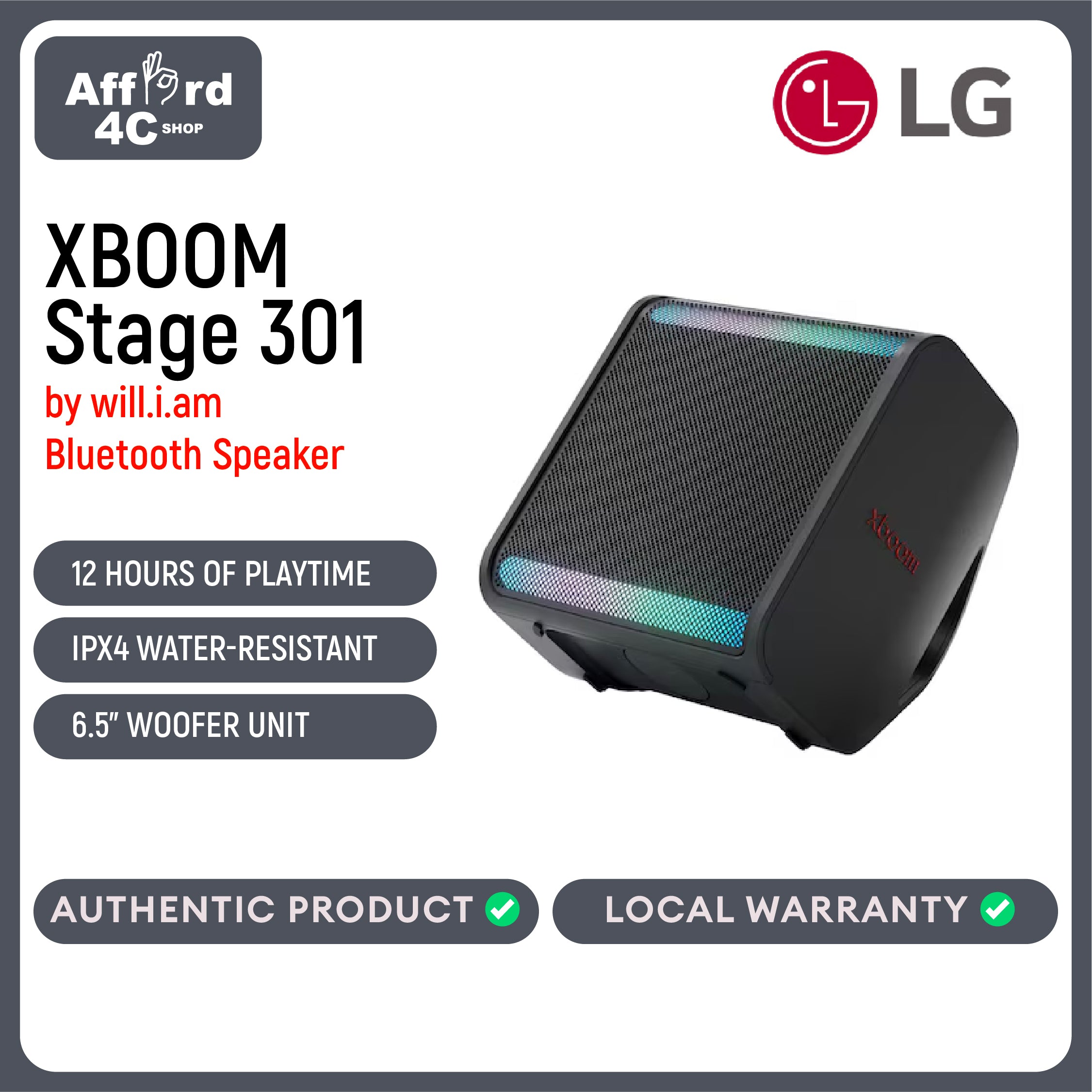 LG XBOOM Stage 301 By will.i.am Portable Party Speaker | 6.5" Woofer & Dual 2.5" Midrange Drivers