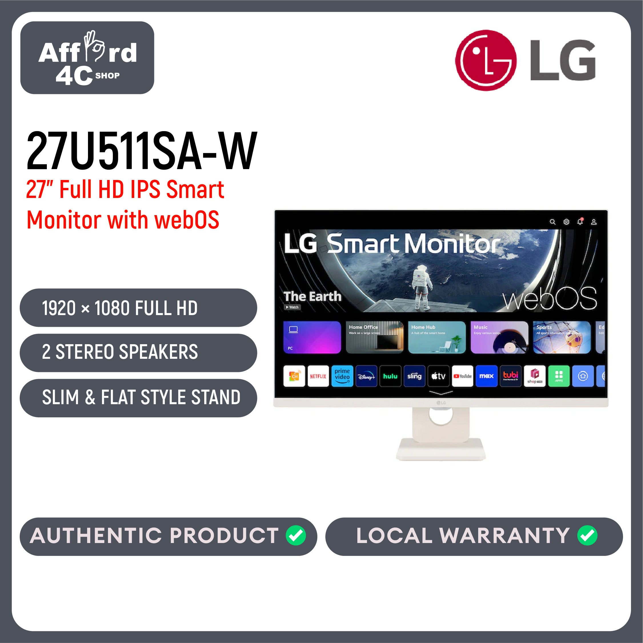 LG 27U511SA-W 27'' Full HD IPS MyView Smart Monitor with webOS
