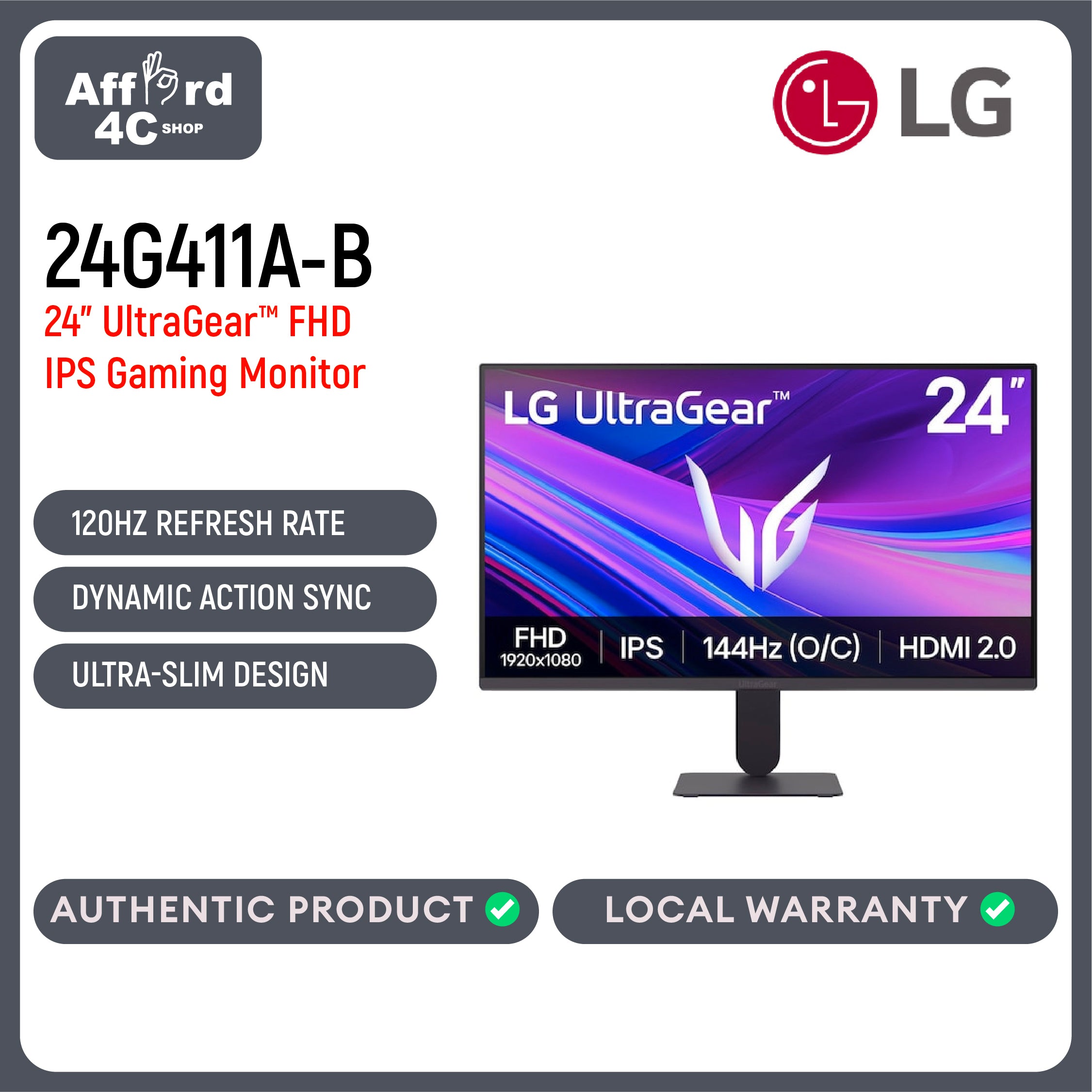 LG 24G411A-B 24-inch Ultragear Full HD (1920 x 1080) IPS Gaming Monitor, 144Hz (O/C), 1ms MBR, NVIDIA G-Sync Compatible, AMD FreeSync, HDR10, HDMI, DisplayPort, Slim Stand, Black