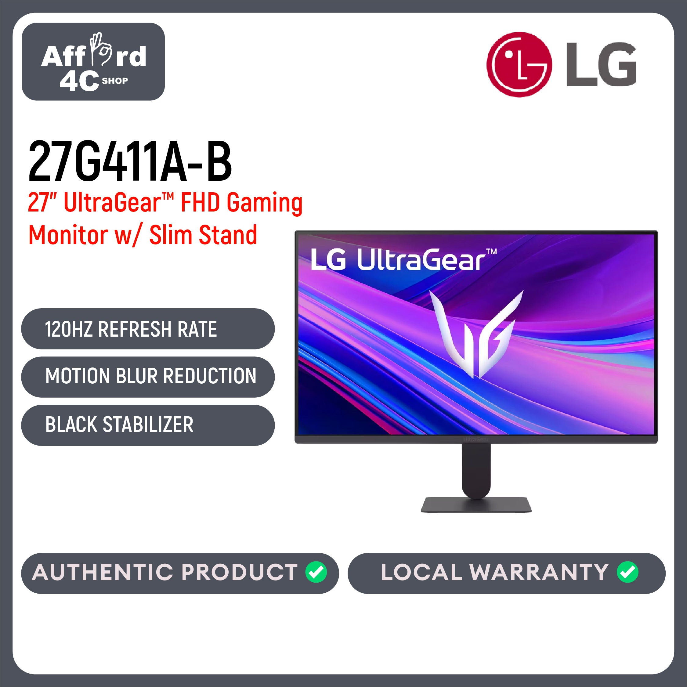 LG 27G411A-B 27-inch Ultragear Full HD (1920 x 1080) IPS Gaming Monitor, 144Hz (O/C), 1ms MBR, NVIDIA G-Sync Compatible, AMD FreeSync, HDR10, HDMI, DisplayPort, Slim Stand, Black