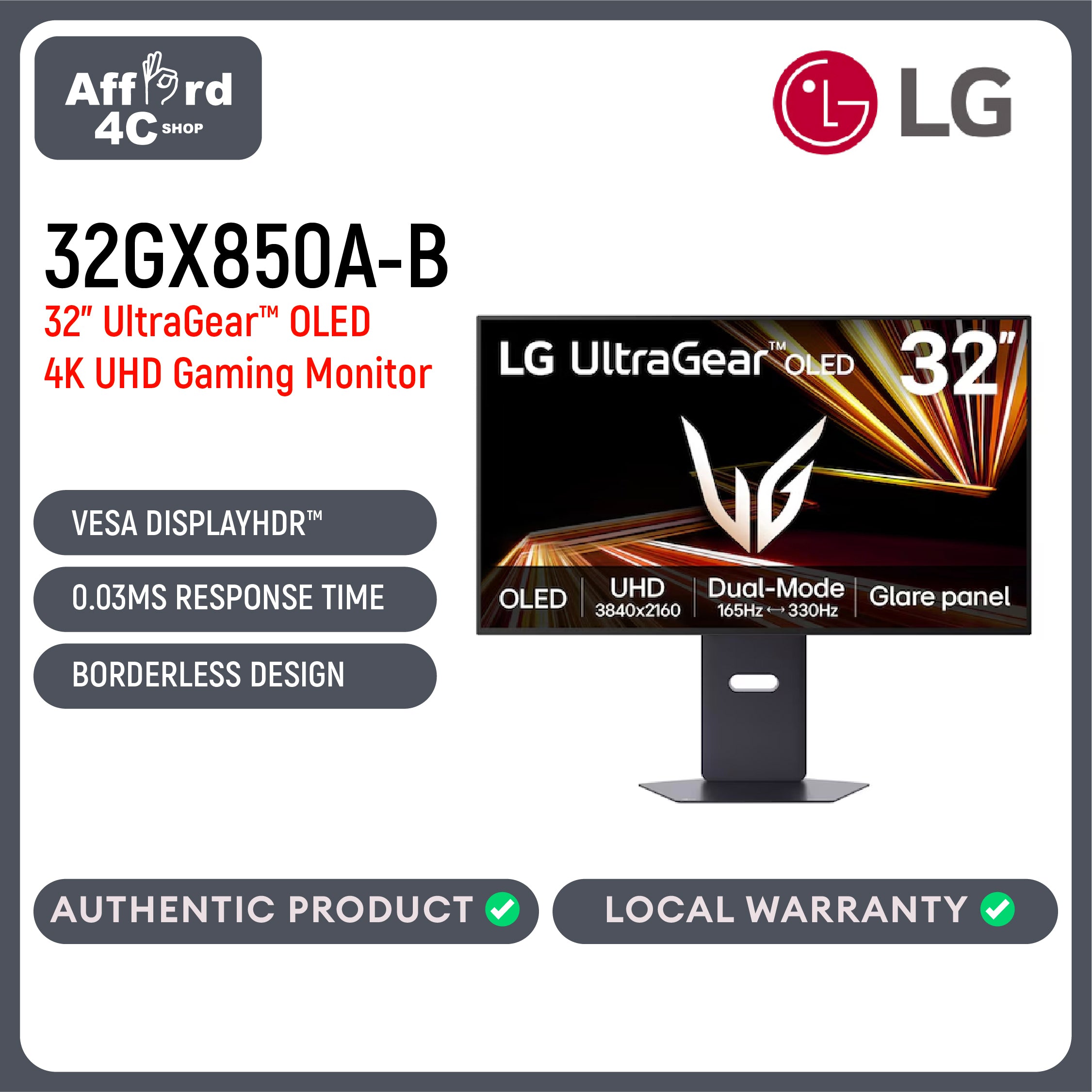 LG 32GX850A-B 32" UltraGear 4K UHD (3840 x 2160) Glossy OLED Gaming Monitor, Dual-Mode 165Hz/330Hz, 0.03ms, G-SYNC, FreeSync Premium Pro, TrueBlack 400, HDMI, DP, Tilt/Height/Swivel/Pivot Stand, Black
