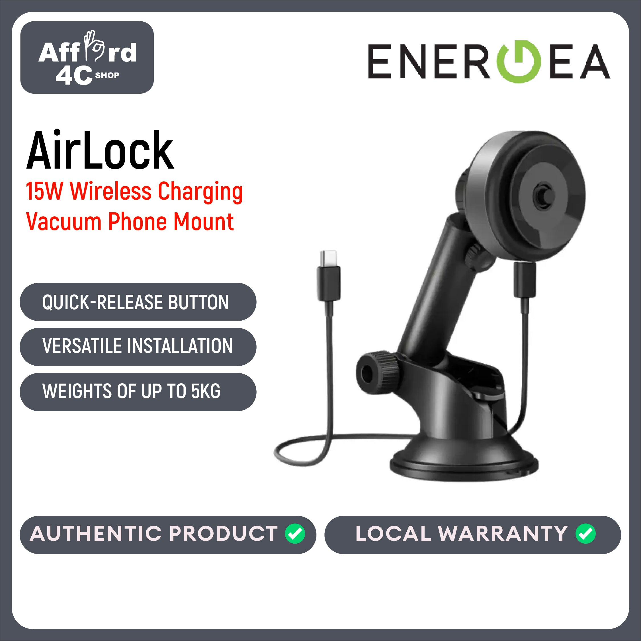 Energea Airlock, Vacuum Phone Mount with 15W Wireless Charging
