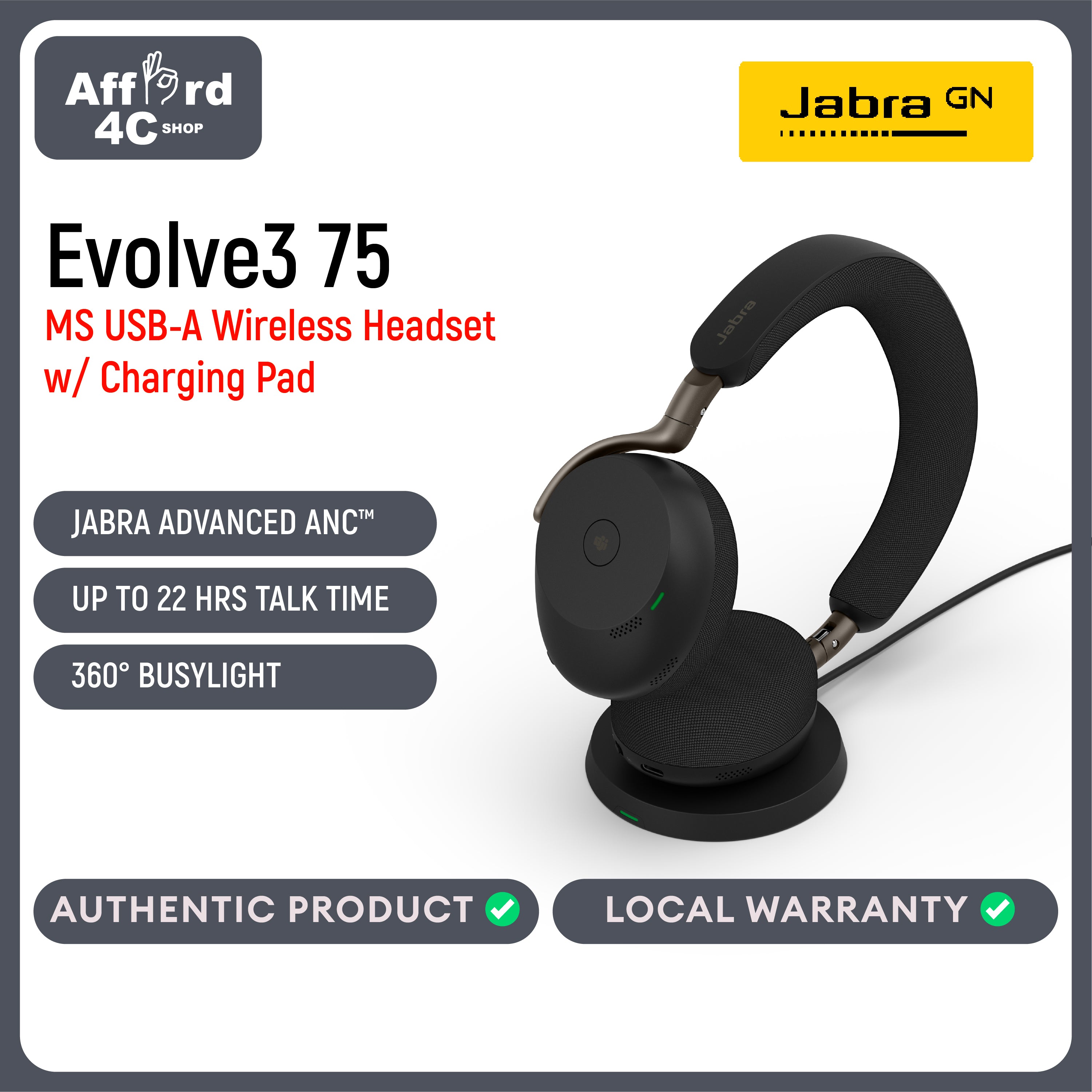Jabra Evolve3 75 On-Ear USB-A Wireless Bluetooth Headset with Mic and Wireless Charging Stand for Work, AI Voice Call Technology, Advanced ANC, 22-Hour Battery, Works with Online Meeting Apps