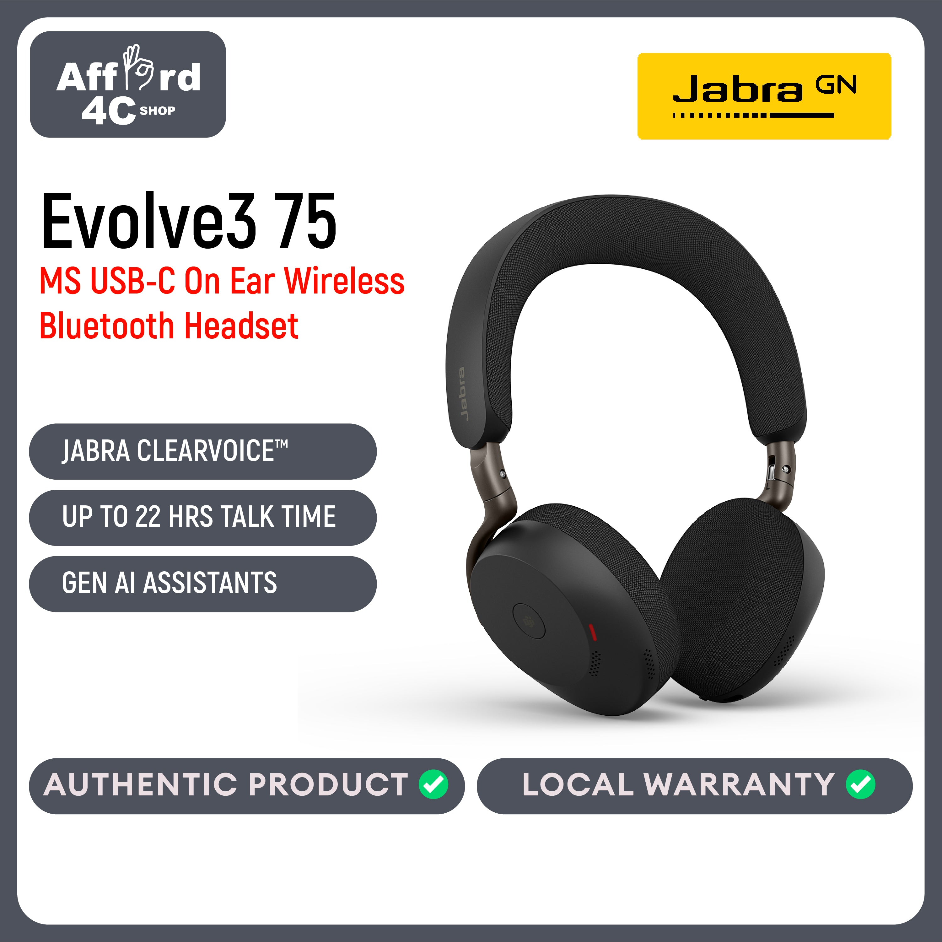 Jabra Evolve3 75 On-Ear USB-C Wireless Bluetooth Headset with Microphone for Work, AI Voice Call Technology, Advanced Active Noise Cancellation, 22-Hour Battery, Works with Online Meeting Apps