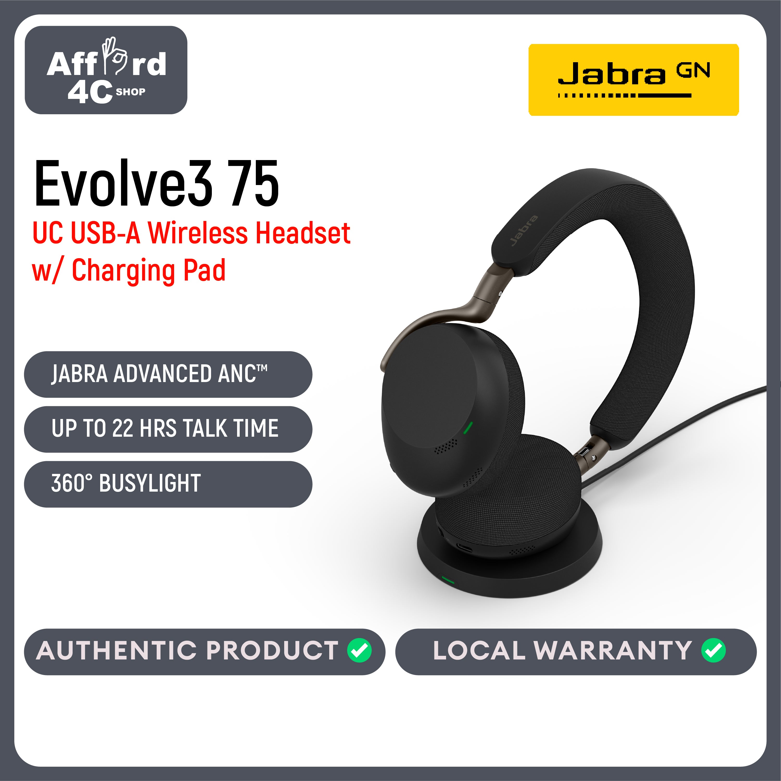 Jabra Evolve3 75 On-Ear USB-A Wireless Bluetooth Headset with Mic and Wireless Charging Stand for Work, AI Voice Call Technology, Advanced ANC, 22-Hour Battery, Works with Online Meeting Apps