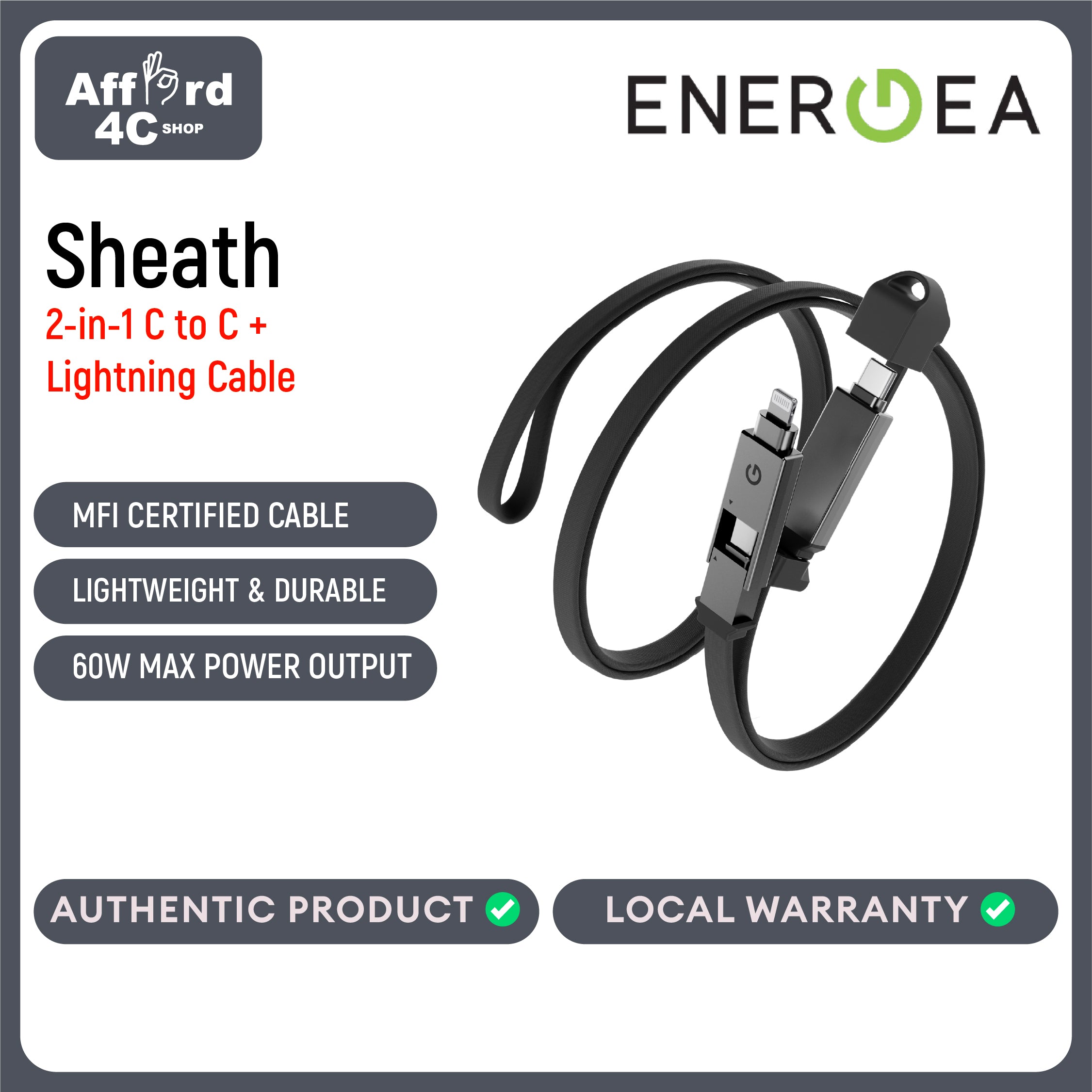 Energea Sheath 2-In-1 C To C + Lightning Cable, 480Mbps, 60W, 1M -Gun