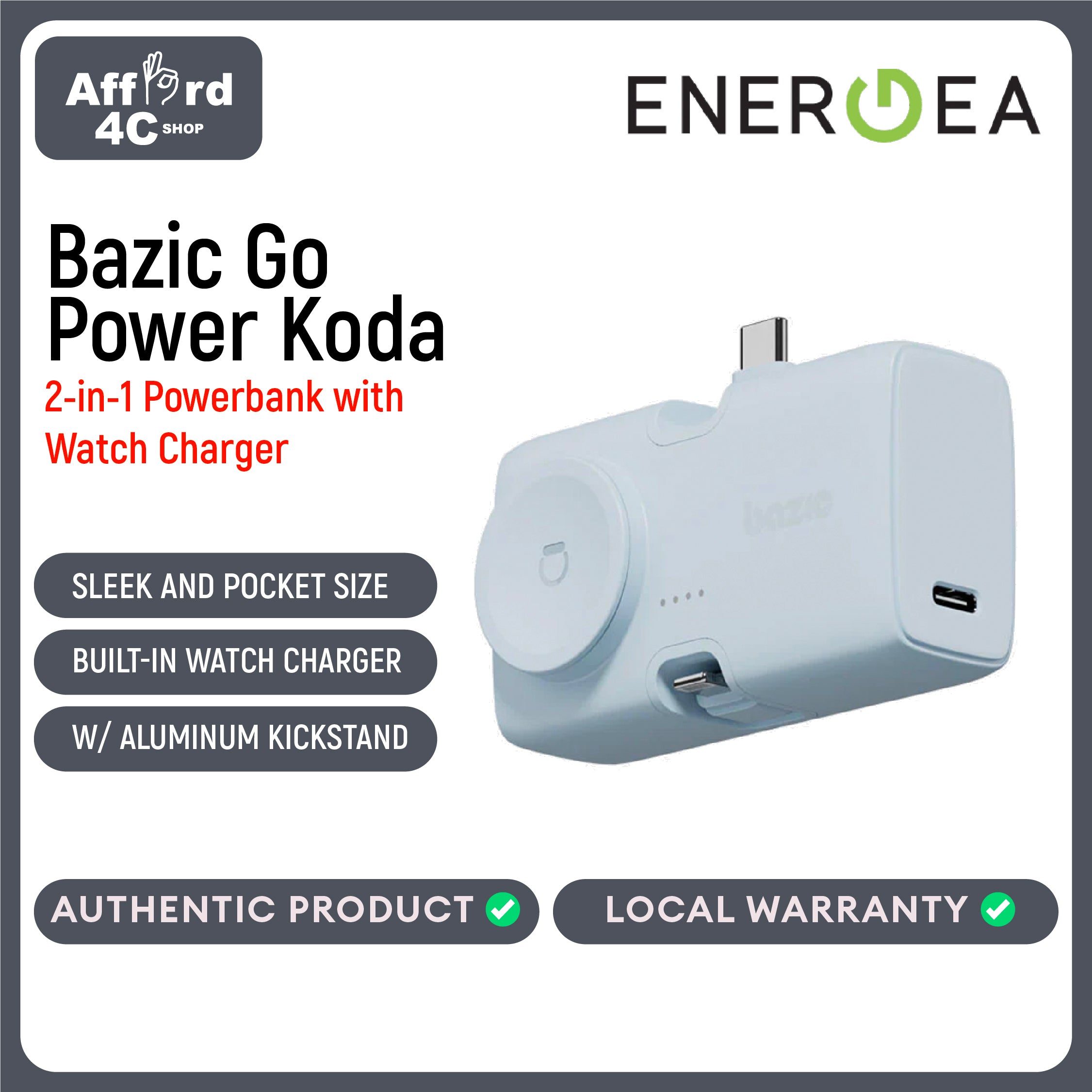 Bazic GoPower Koda, 2in1 5000MAH Foldable Usb-C / Lightning Pin Powerbank with Apple Watch Charger