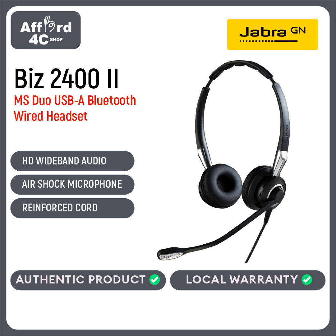 Jabra Biz 2400 II MS Duo USB-A Bluetooth Headset with Noise Cancelling Microphone