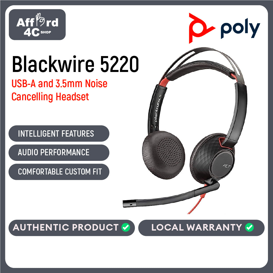 Poly Blackwire 5220 Stereo USB-C Headset +3.5mm Plug +USB-C/A Adapter