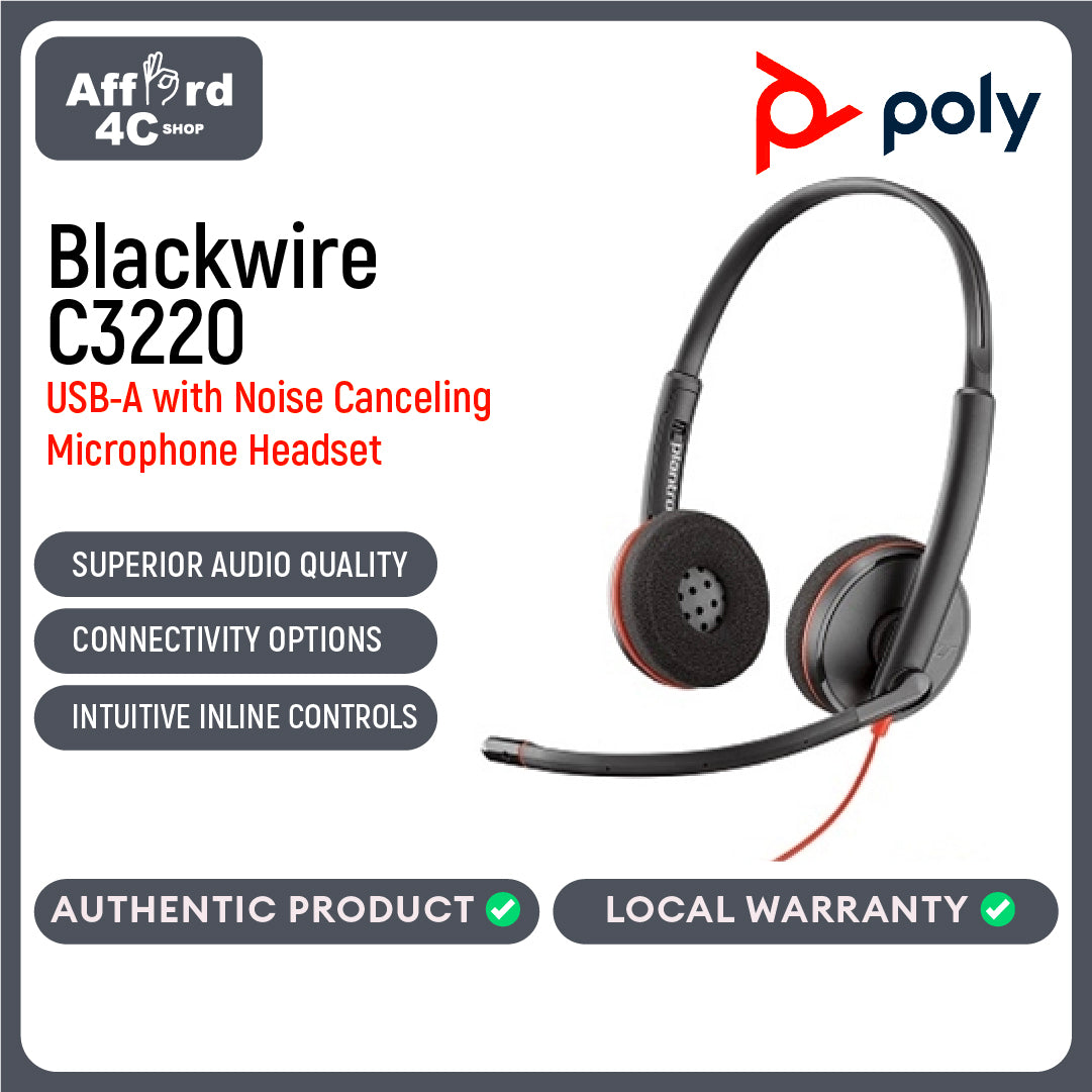 Poly Blackwire 3220 USB-A Corded Headset Binaural with Noise-cancelling Microphone