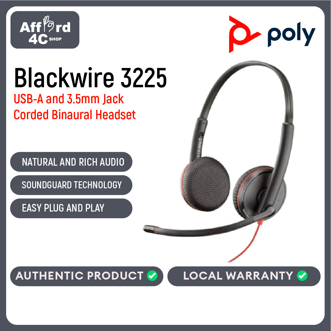 Poly Blackwire 3225 USB-A Corded Stereo Headset (Black)