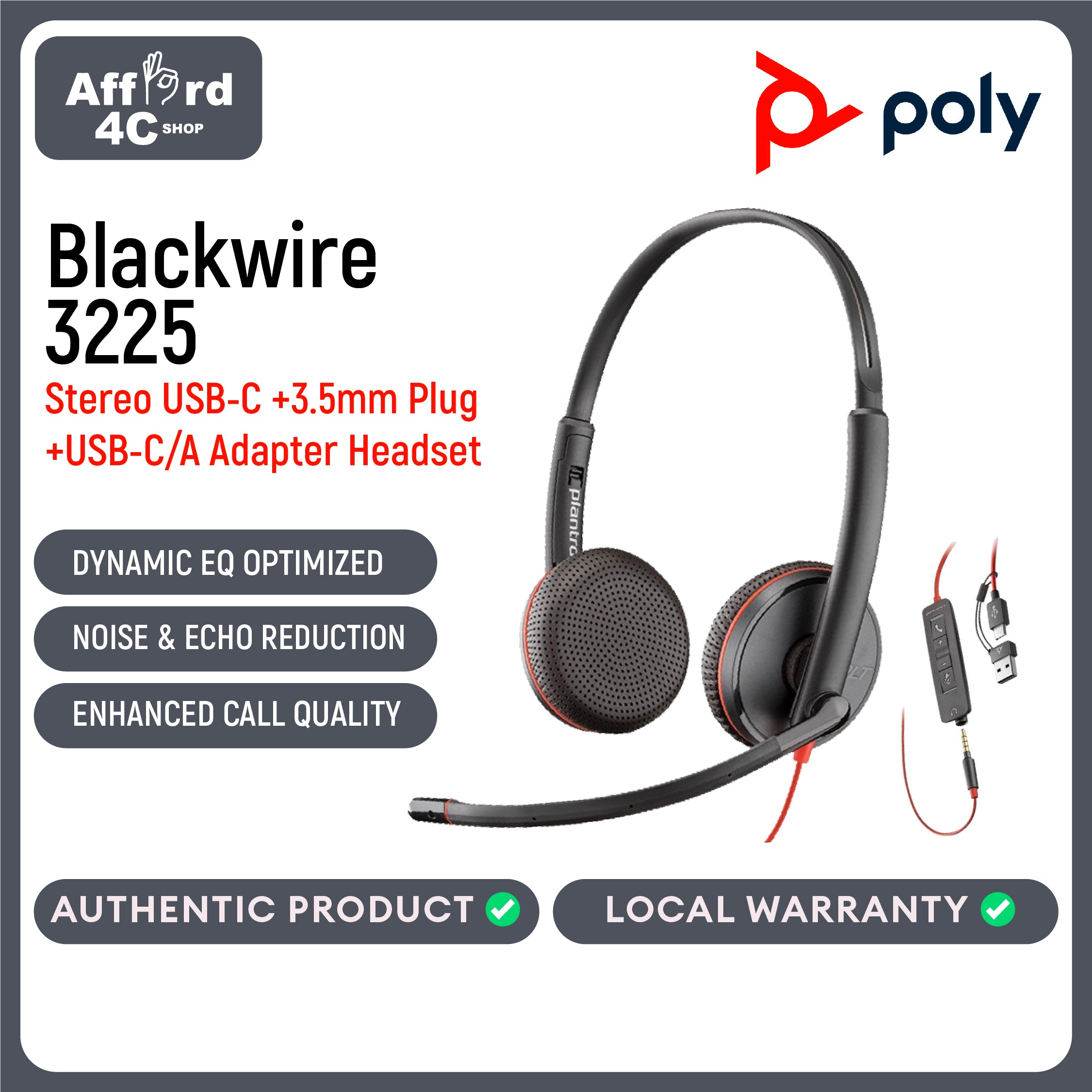 Poly Blackwire 3225 Stereo USB-C Headset +3.5mm Plug +USB-C/A Adapter