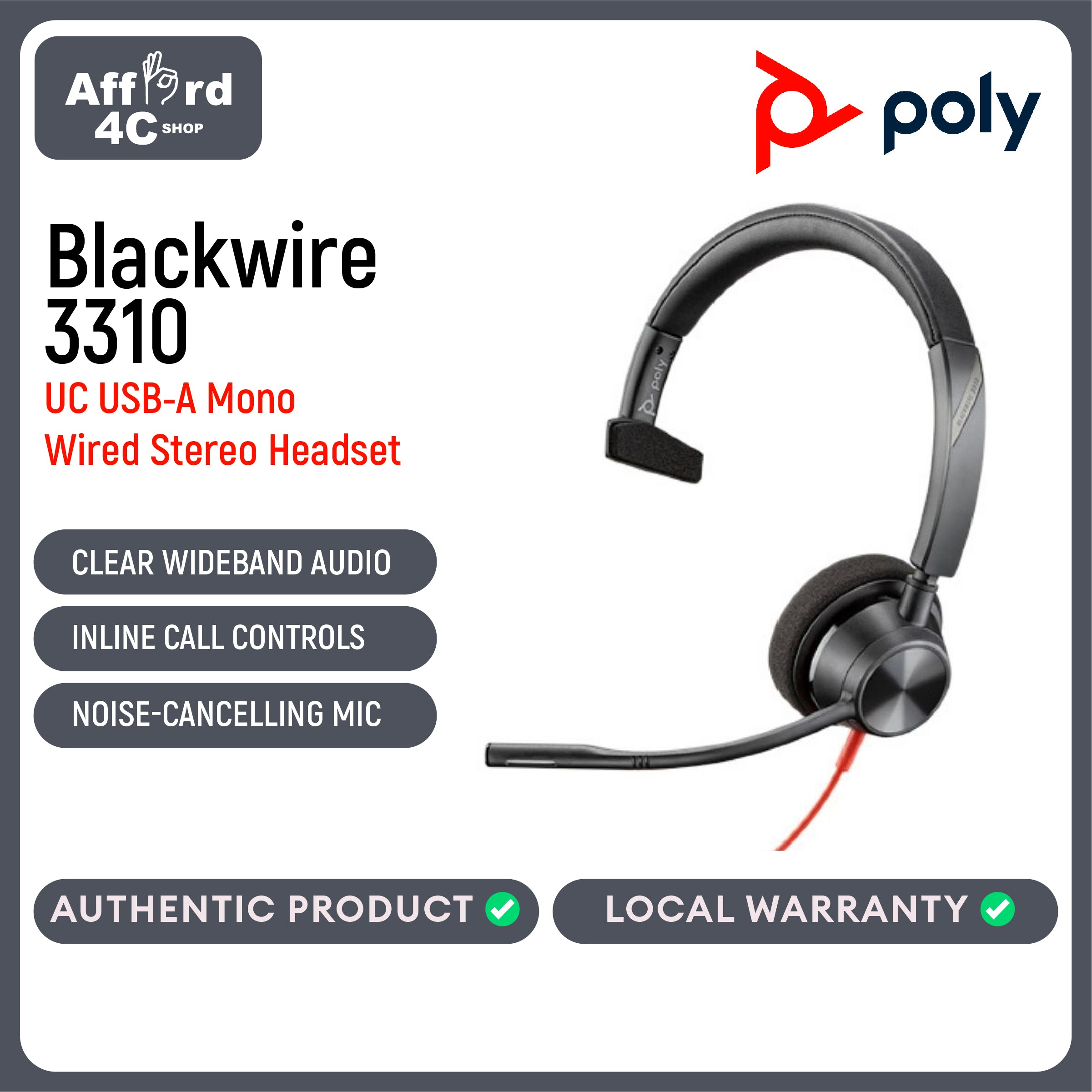 Plantronics Blackwire 3310 UC USB-A Mono Headset