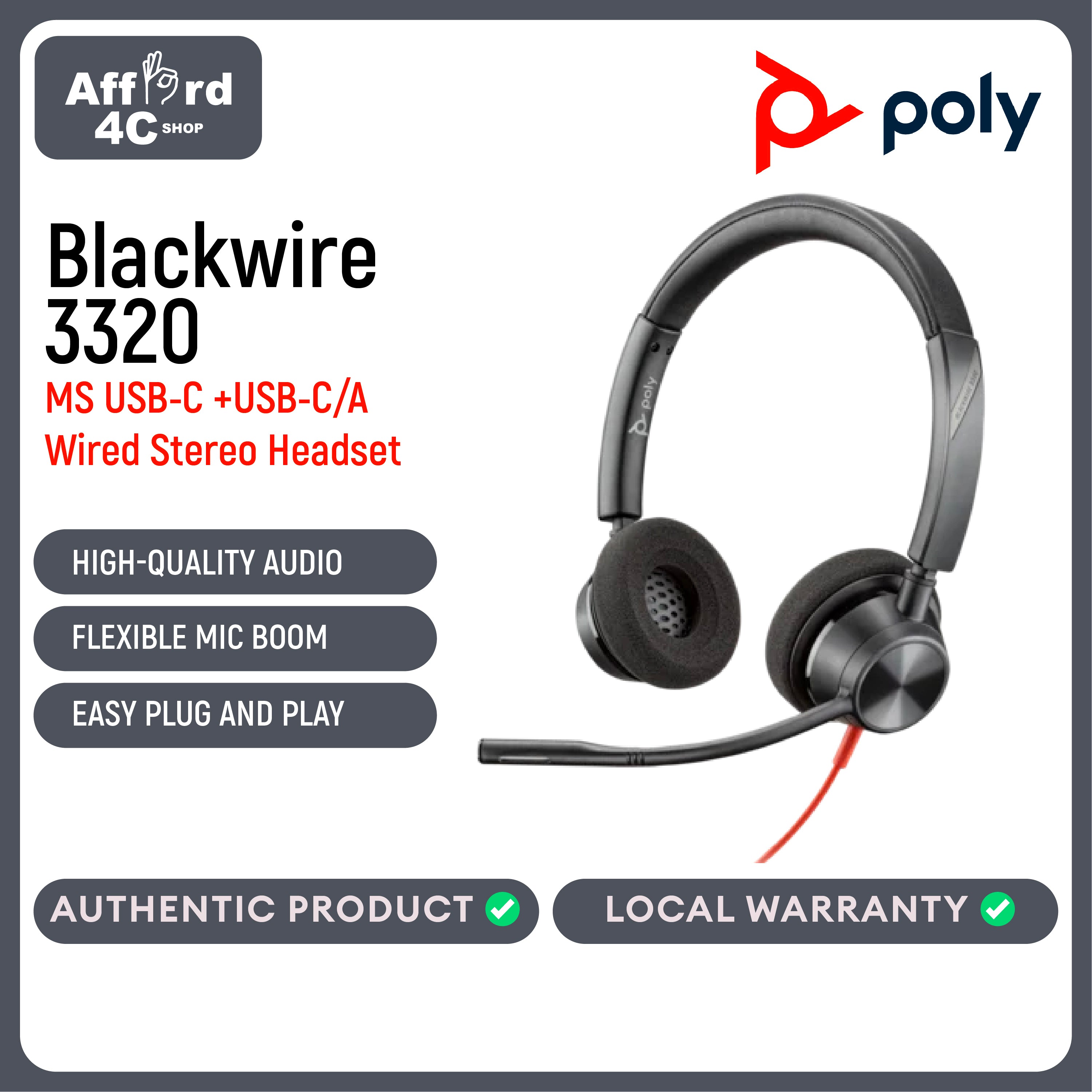 Poly Blackwire 3320 Stereo Microsoft Teams Certified USB-C Headset +USB-C/A Adapter (8X220AA)