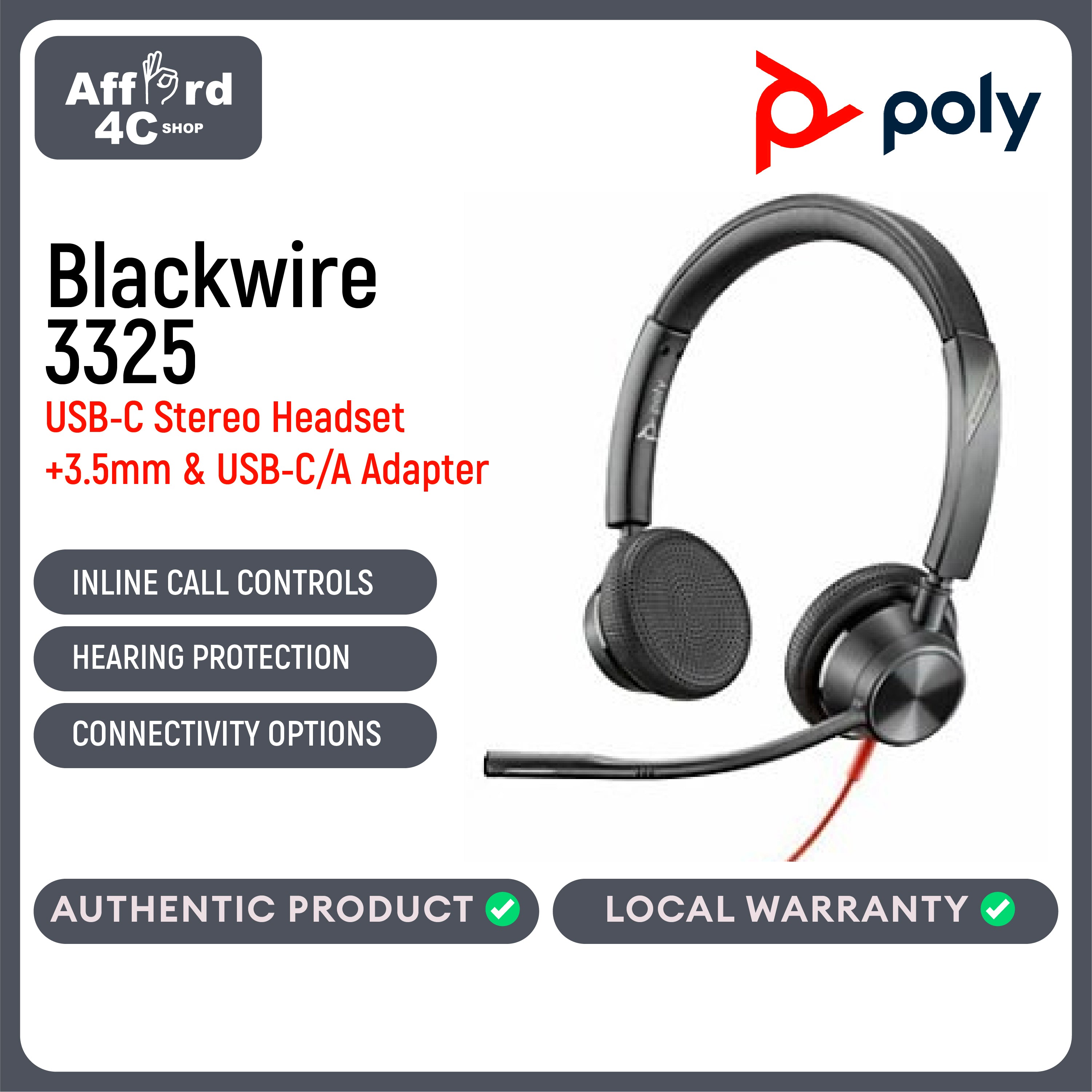 Poly Blackwire 3325 Stereo USB-C Headset +3.5mm Plug +USB-C/A Adapter (8X221AA)