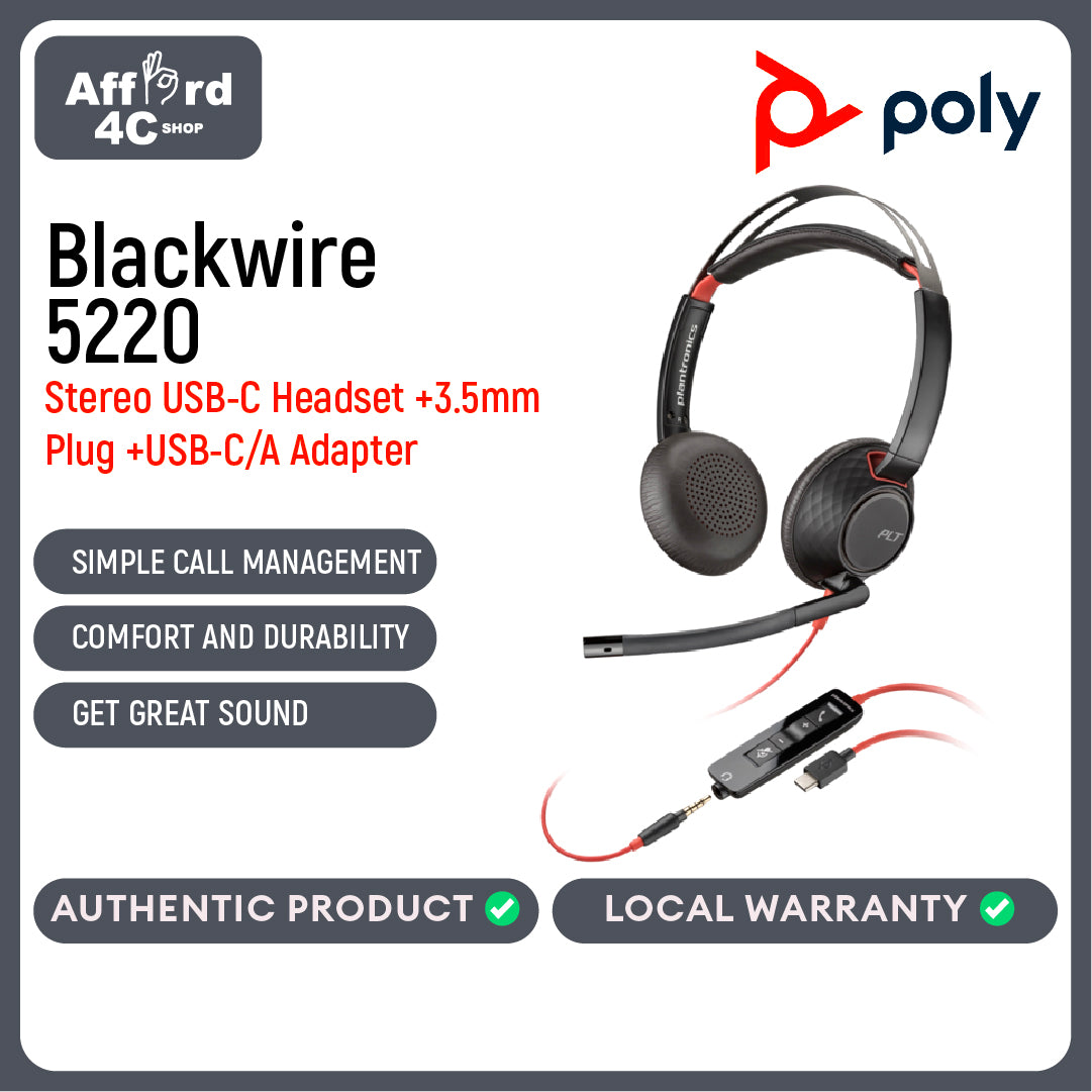 Poly Blackwire 5220 Stereo USB-C Headset +3.5mm Plug +USB-C/A Adapter