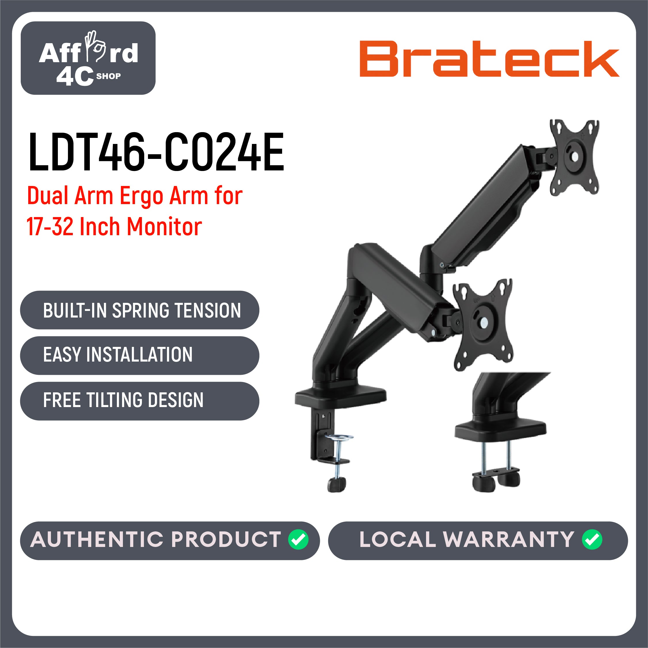 Brateck LDT46-C024E Dual Arm Ergo Cost-Effective Spring-Assisted Dual VESA Monitor Arm For 17-32 Inch Monitor