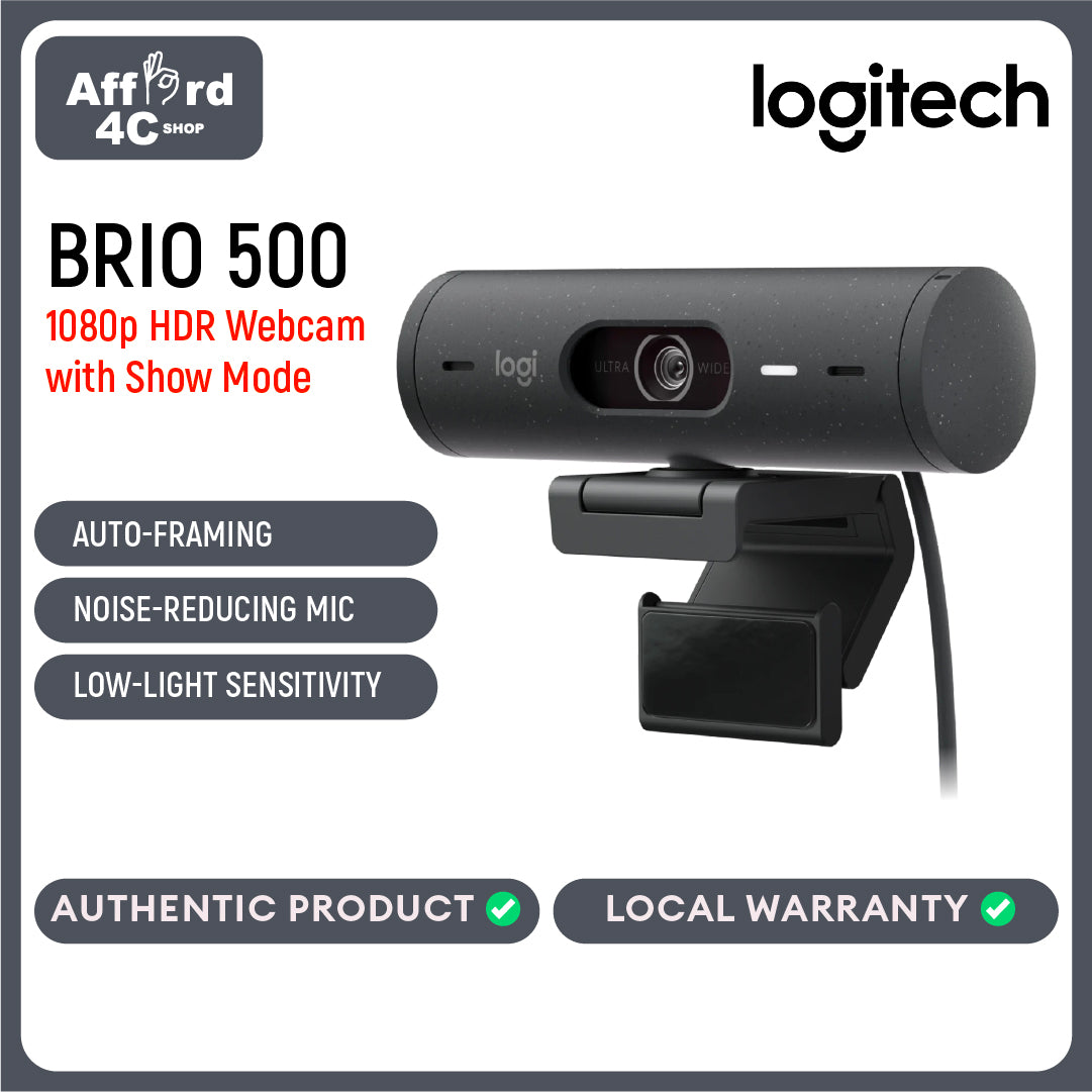 Logitech Brio 500 Full HD Webcam with Auto Light Correction, Auto-Framing Webcam