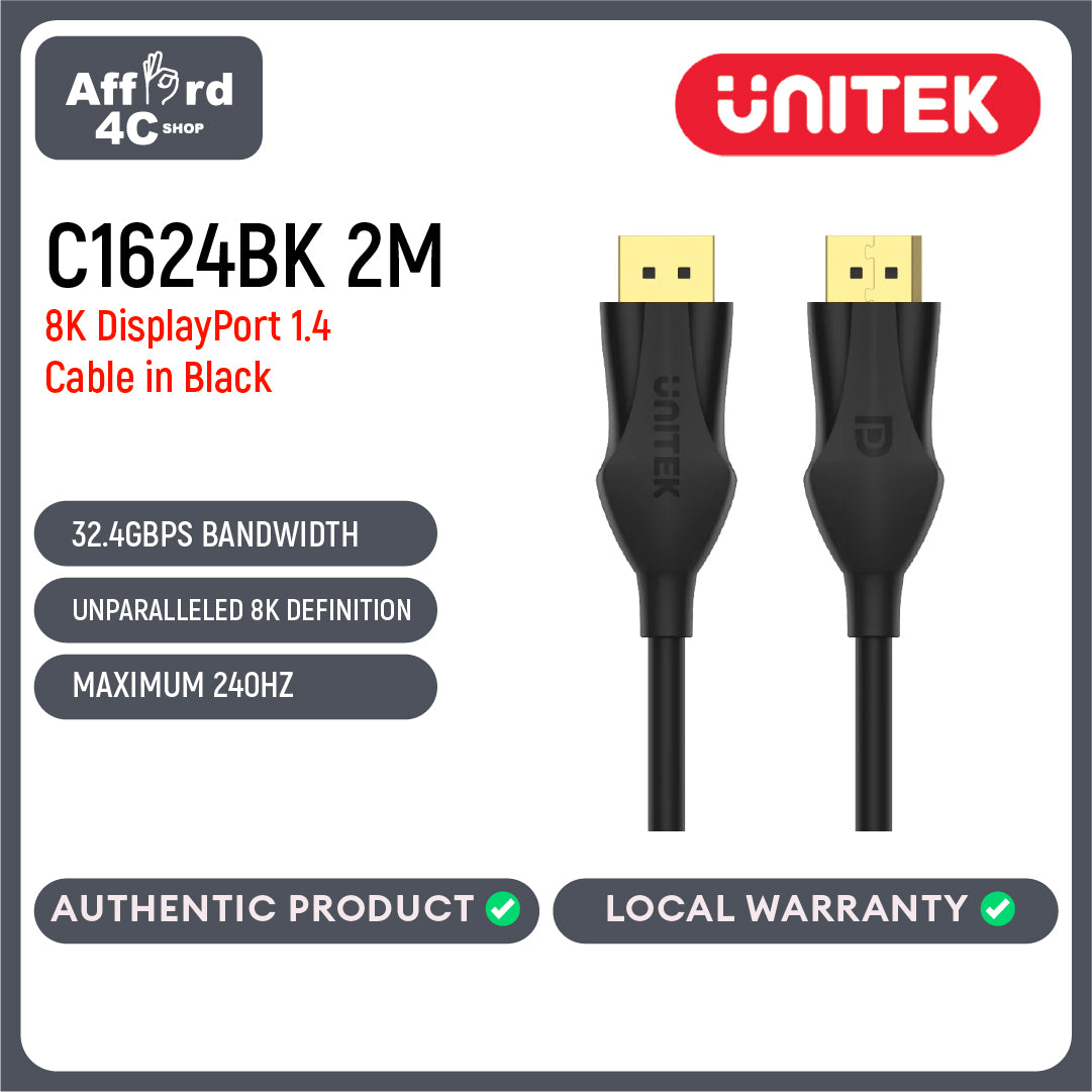 Unitek C1624BK DisplayPort Male to Male 8K 1.4 Cable Connector 2M