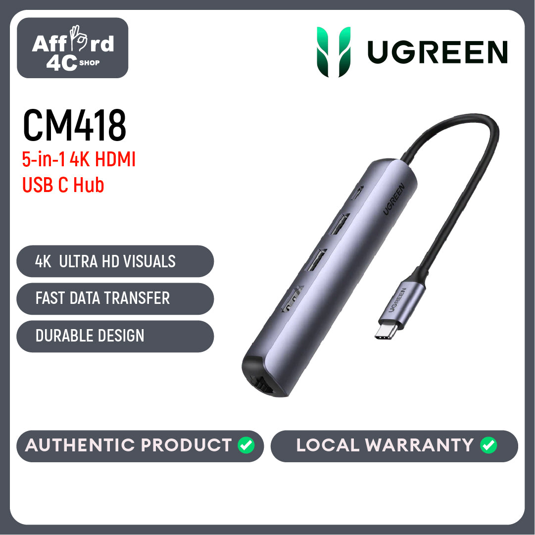 UGREEN USB C Hub 60Hz, 5-in-1 Gigabit Ethernet Adapter with 4K HDMI, PD 100W Fast Charging and 2 USB 3.0, Type C Multiport Adapter Compatible with MacBook, iPad Pro, Dell, HP, Surface, Chromebook